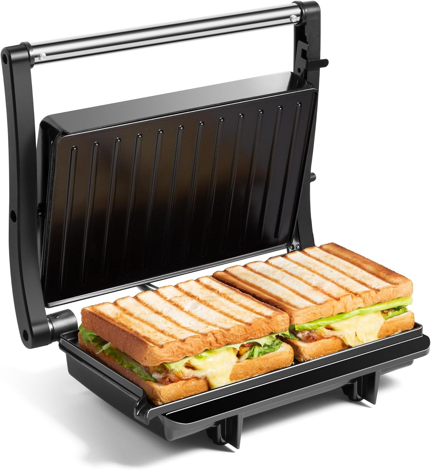VonShef Panini Press Grill – Sandwich Toaster 2 Slice with Non-Stick Plates, 1000W, Deep Fill Toastie Maker with Floating Hinge, Auto Temperature Control, Easy Clean, Stainless Steel – Black