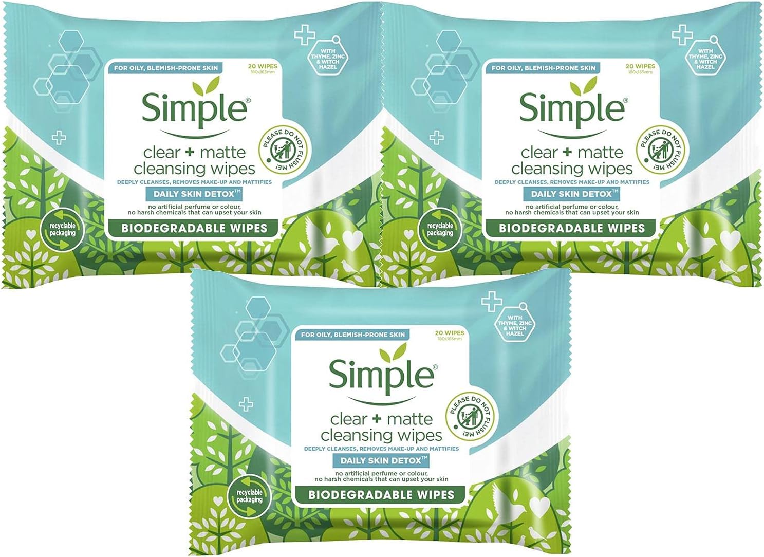 3 Pack of Simple Daily Skin Detox Clear + Matte Cleansing 20 Wipes For Oily, Blemish-Prone Skin Deeply Cleanses, Remove Make-up, and Mattifies, No artificial perfume or color