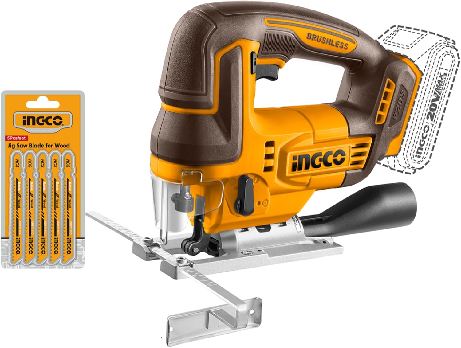 INGCO 20V Cordless Jig Saw (Body Only), Brushless Motor, 3000RPM with 5Pcs Saw Blades CJSLI1008