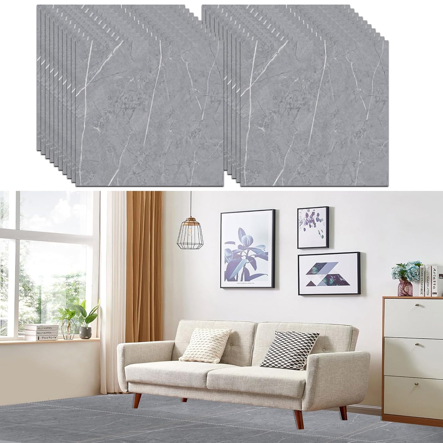YAYODS 40 Pack Grey Self Adhesive Floor Tile Vinyl Flooring, 30x30cm Concrete Marble Effect Flooring Stickers, Waterproof Peel and Stick Floor Tile for Kitchen Bathroom Living Room Anti Slip