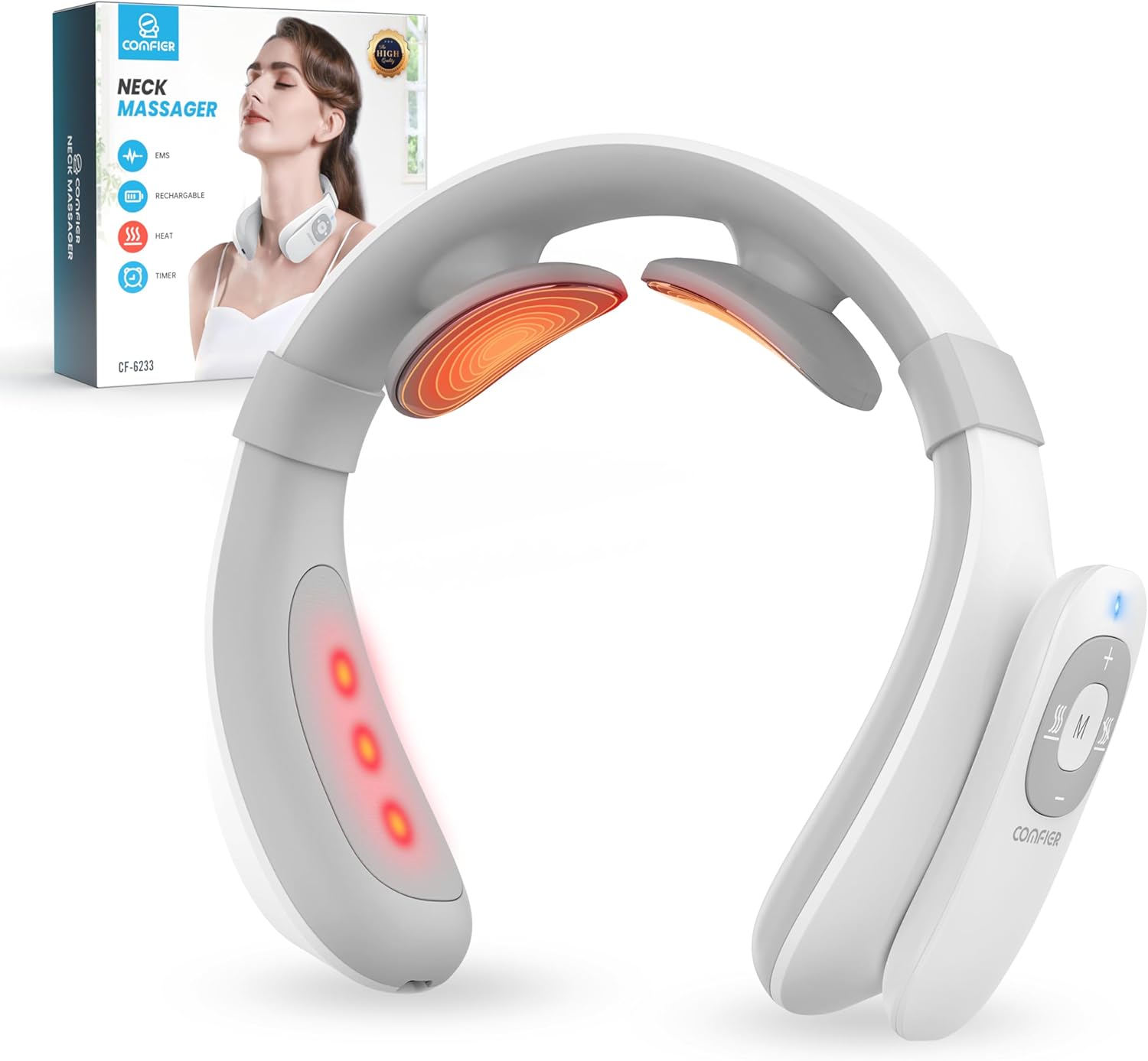 COMFIER Portable Heated Neck Massager, FSA EMS Intelligent Electric Neck Massager with Heat and 3D Electrode Pads for Women Men