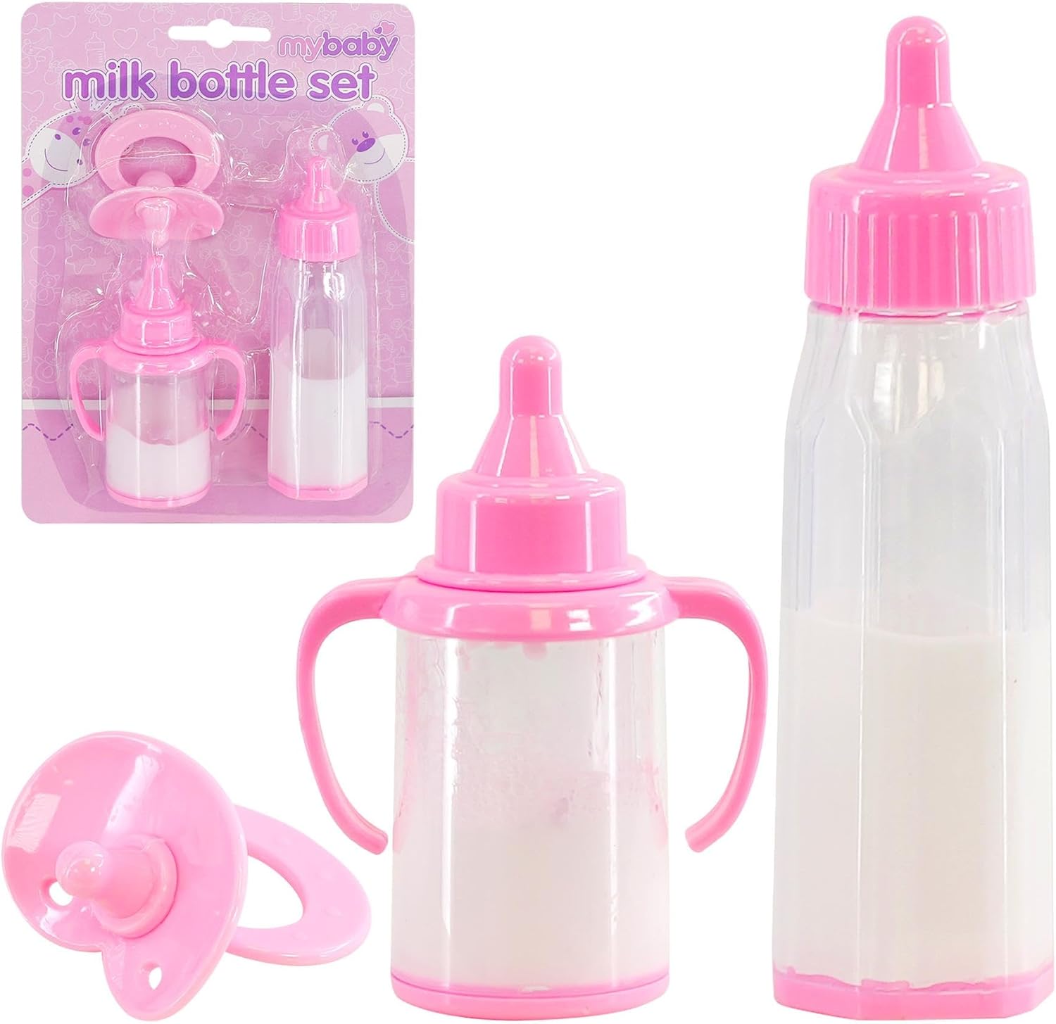 BiBi Doll Magic Milk Bottle, Cup and Pacifier Dummy, 3 Piece Doll Feeding Set for Reborn Babies and Dolls, Pretend Role Play Toy for Children 3 Years+