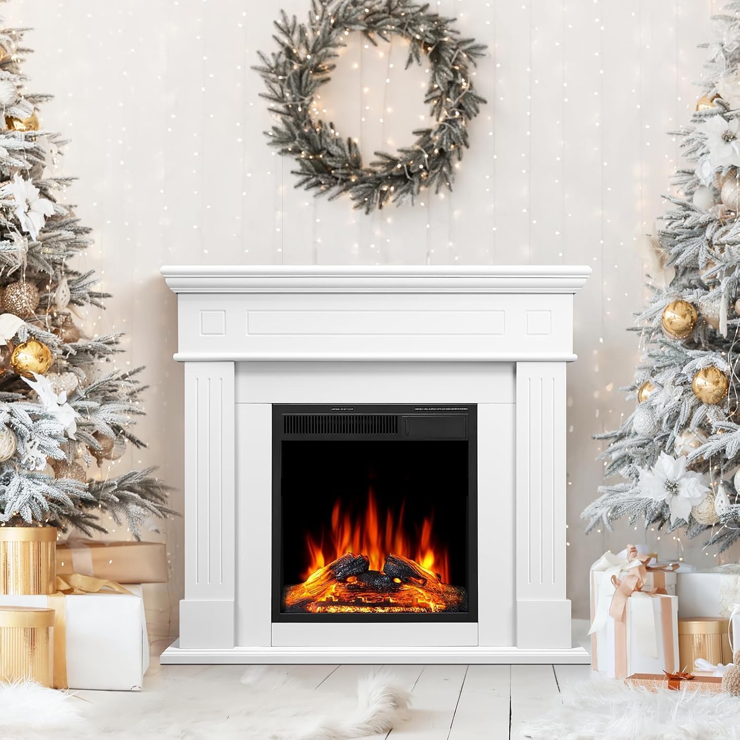 43 Inch Fireplace TV Stand with Mantel - Electric Fireplace Heater, Wooden Entertainment Center, Adjustable LED Flame, Freestanding (750W/1500W),Pearl White