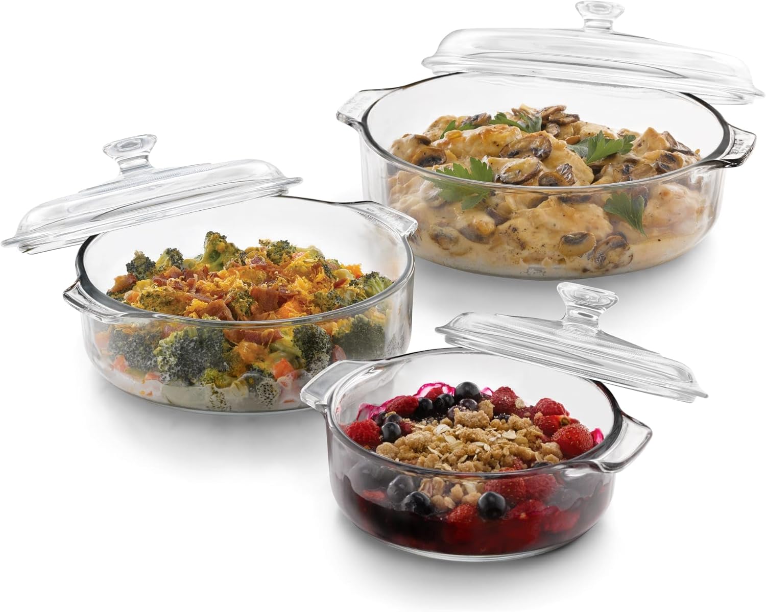 Libbey 56030 Baker's Basics 3-Piece Covered Casserole Dishes, Versatile Glass Baking Dishes for Oven, Clear Lead-Free Casserole Cookware