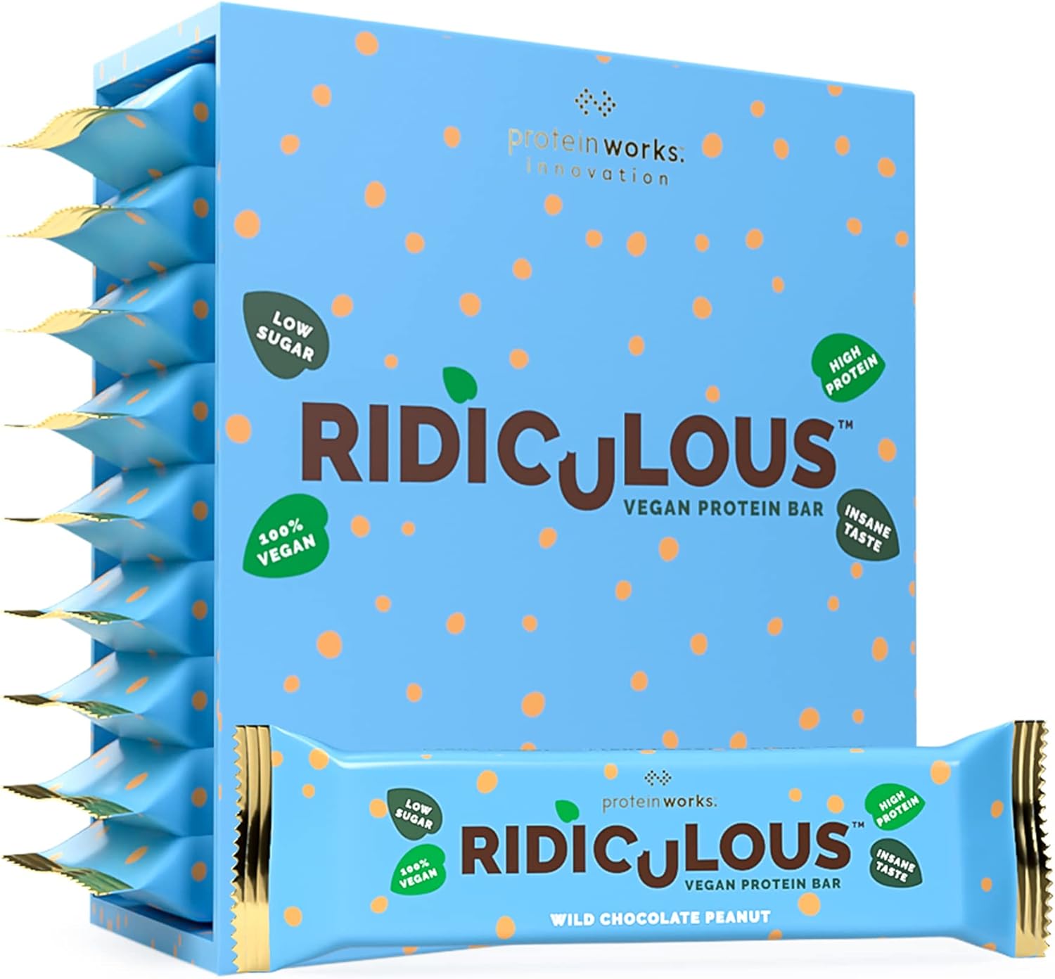 Ridiculous Vegan Protein Bar - Award Winning, Wild Chocolate Peanut, 9 Bars, 100% Plant Based & Palm Oil Free, High Protein - Protein Works