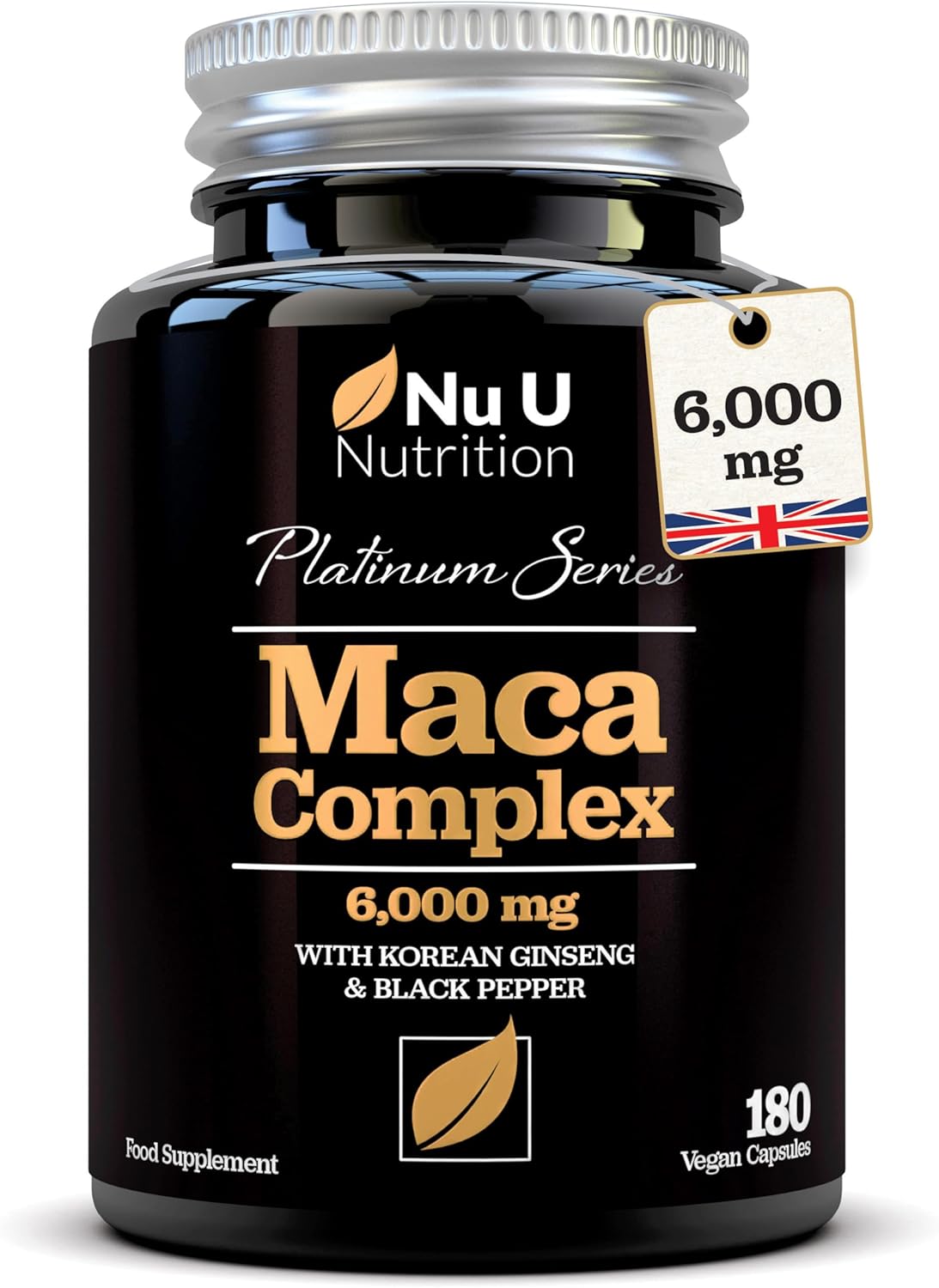 Black Maca Root 6000mg - 180 Vegan Capsules - Premium Peruvian Maca, Korean Panax Ginseng & Pepper - High Strength Complex for Men & Women - 6 Month Supply - Made in The UK - Nu U Nutrition