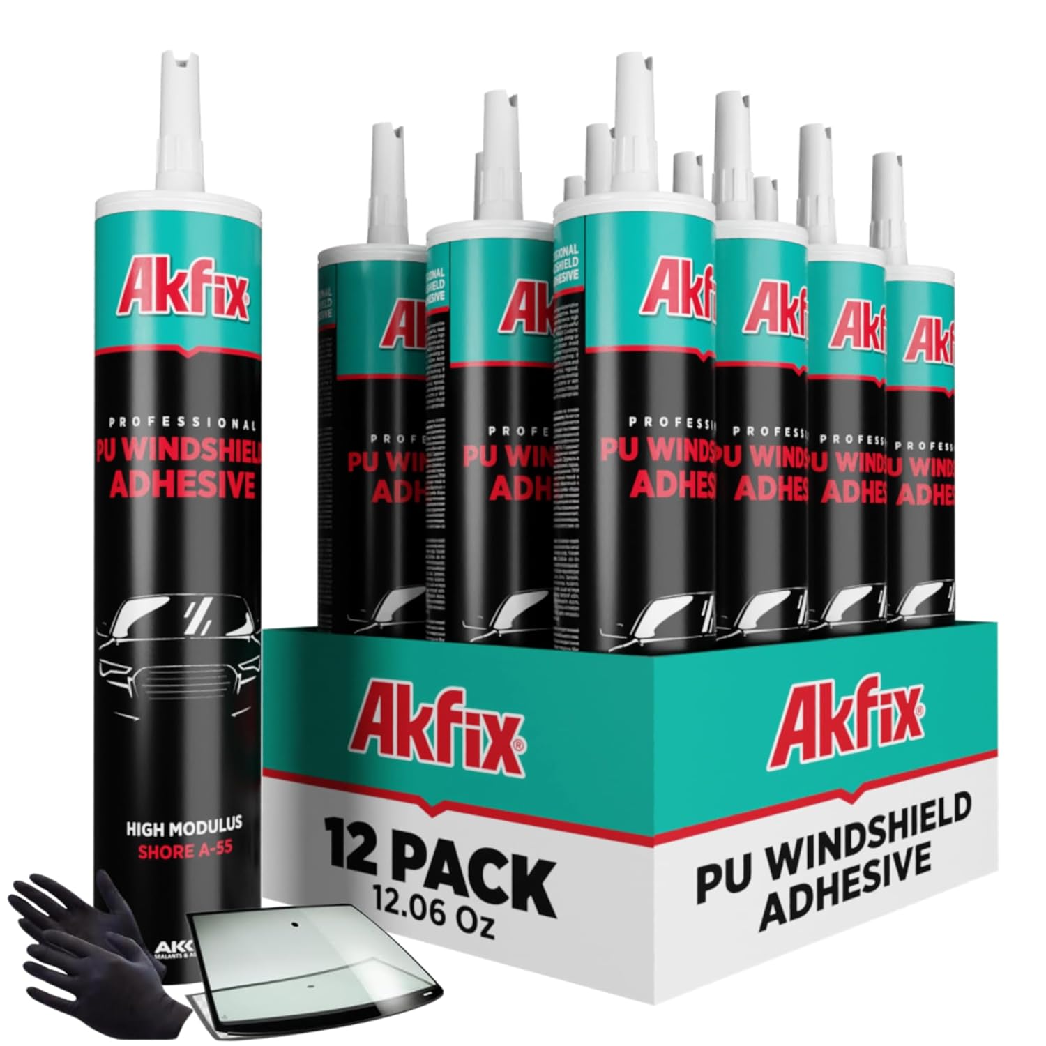 Akfix Urethane Windshield Adhesive Black (12x10.1 fl.oz.) - Fast Curing Car Window Sealant, High Bond Strength Auto Glass Sealant | 12 Pack