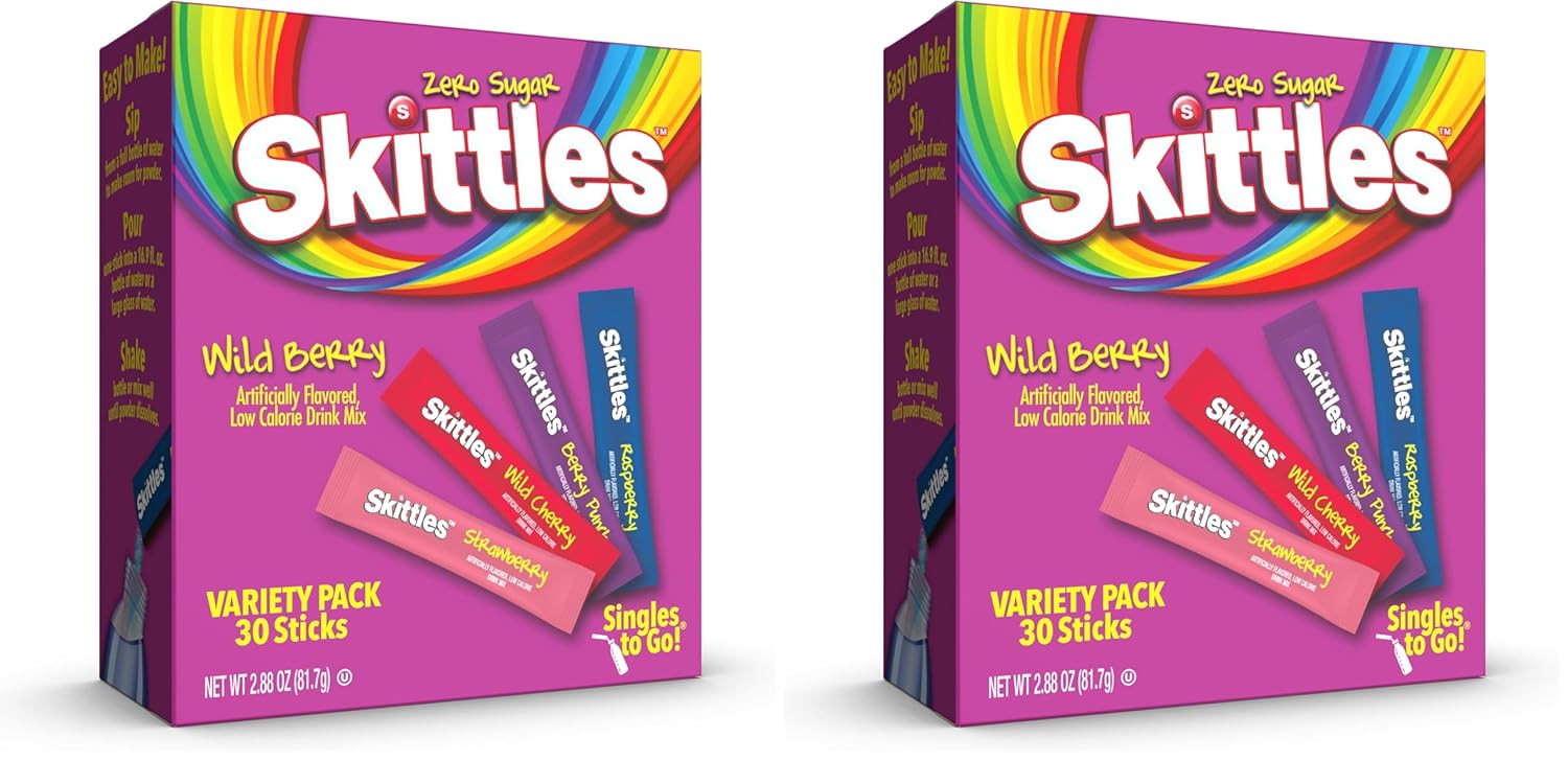 Skittles Singles To Go Wild Berry Variety Pack, Watertok Powdered Drink Mix, Zero Sugar, Low Calorie, Includes 4 Wild Berry Flavors, 1 Box (30 Single Servings) (Pack of 2)