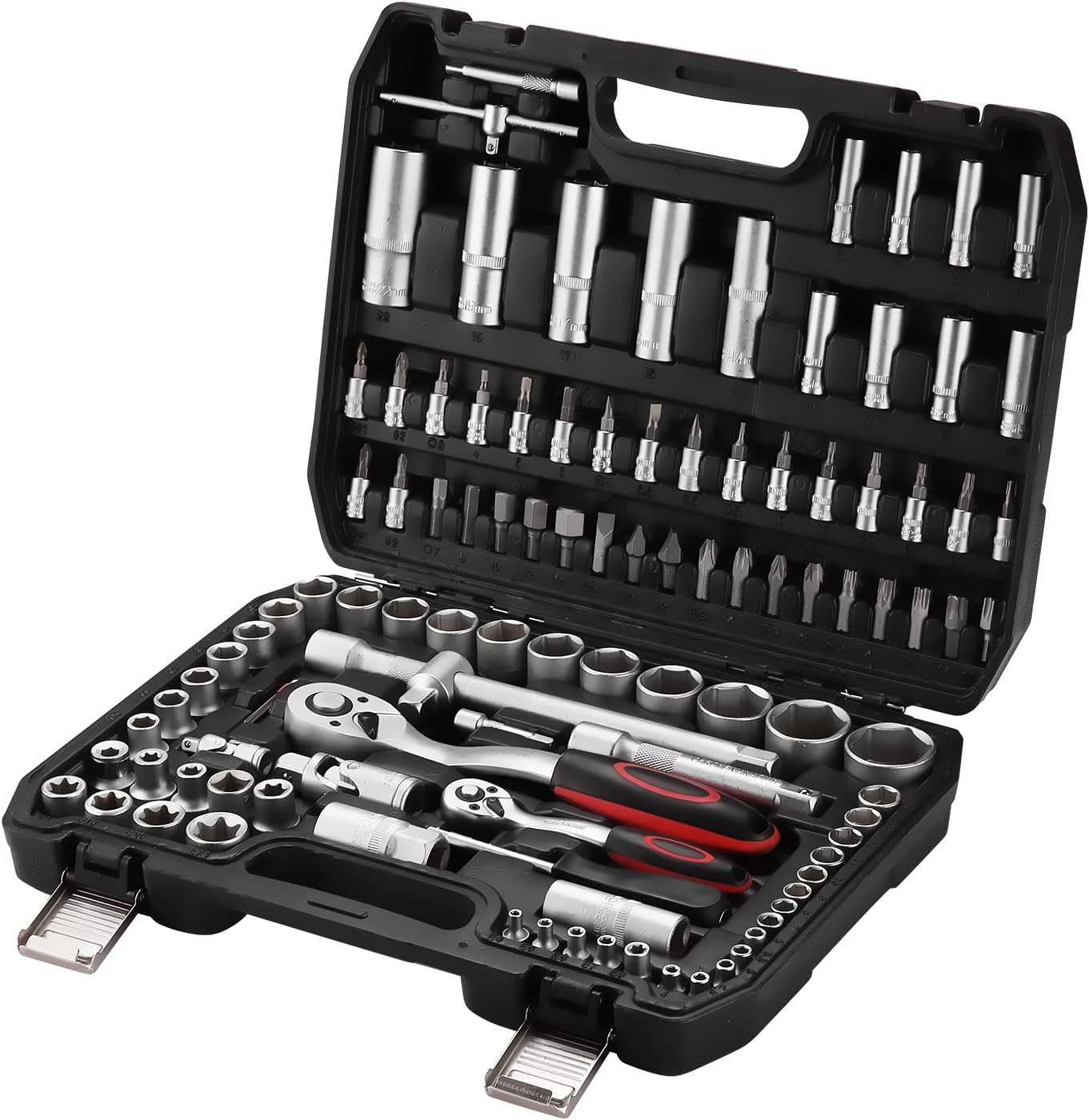 TEENO 108 Piece 1/4"&1/2" Drive Socket Set with Bits Set,72 Quick Release Ratchet Wrench,Chrome Vanadium,Satin Matte, CR-V Mechanic Tool Set for Car BicycleRepair&DlY