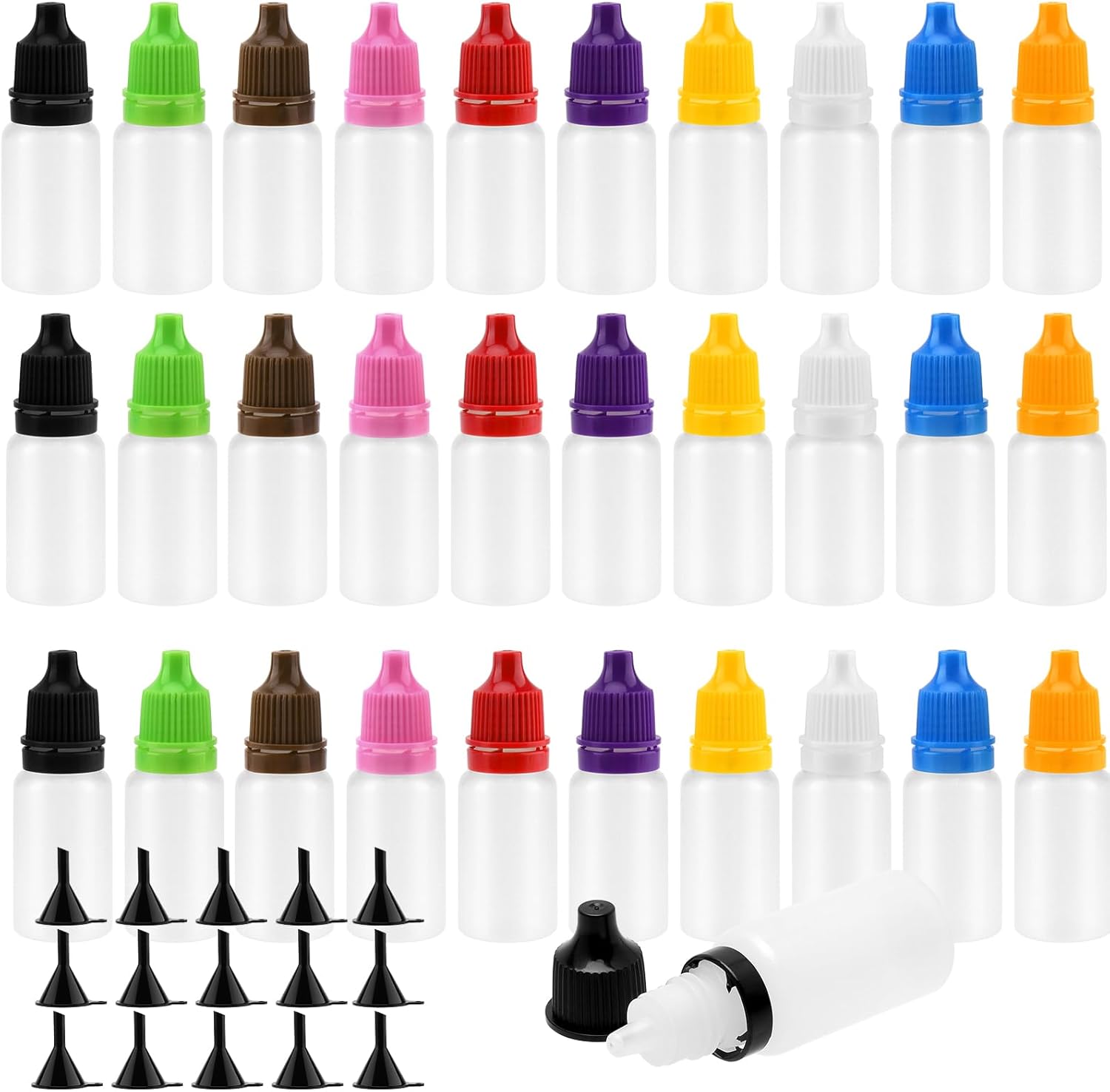 220 PCS 10 ml Empty Dropper Bottles, 10 Colors Lid Transparent Squeezable Bottles with Funnels, Plastic Mini Rotating Cap Dropper Bottle for filling Solvents, Essence, Eye Drops
