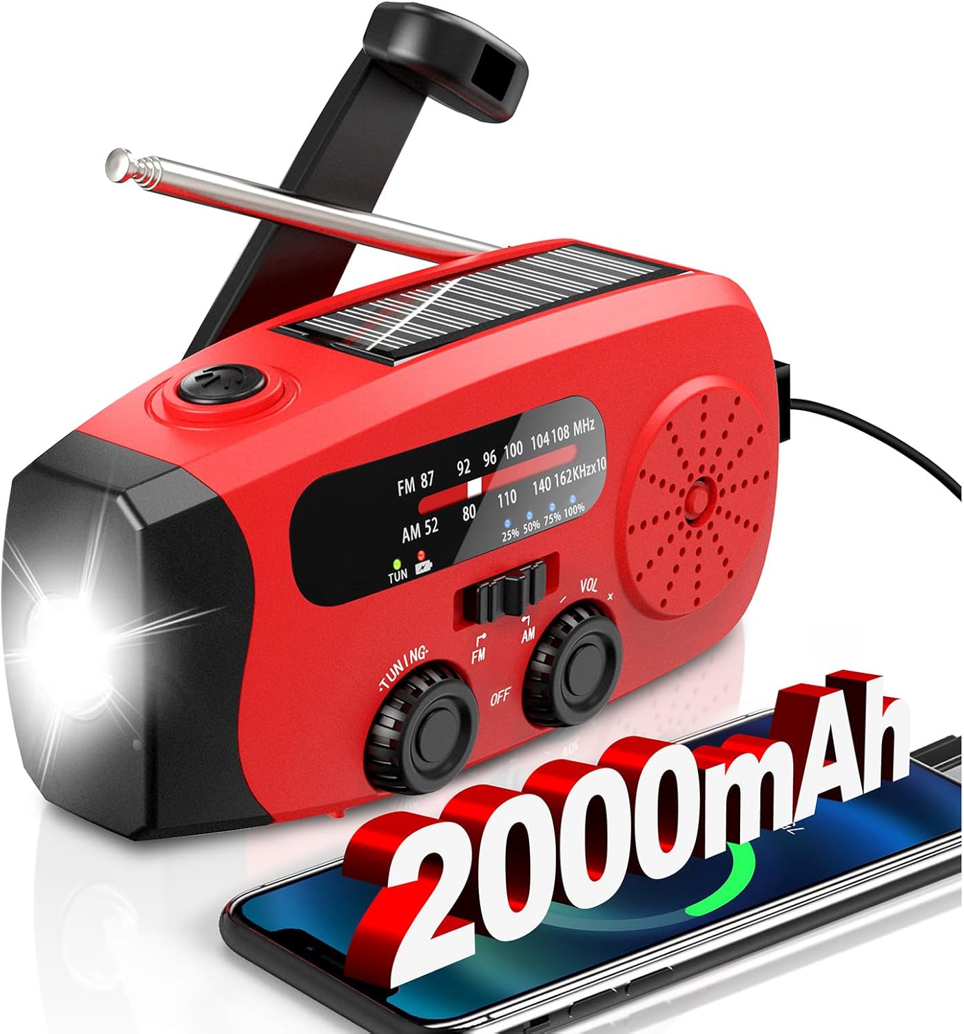 Wind Up Solar Radio, Emergency Radio, Portable Hand Crank Radio, AM/FM Radio with LED Torch, 2000mAh Rechargeable Power Bank, SOS Alarm, USB Phone Charger, Emergency Use for Camping Hiking (Red)