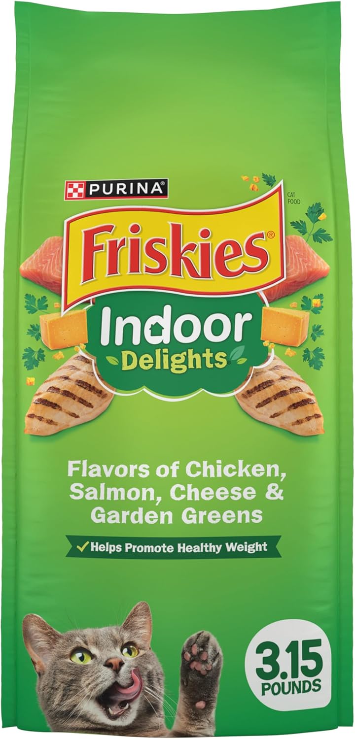 Purina Friskies Dry Cat Food Indoor Delights Flavors of Chicken, Salmon, Peas, and Carrots - (Pack of 4) 3.15 lb. Bags