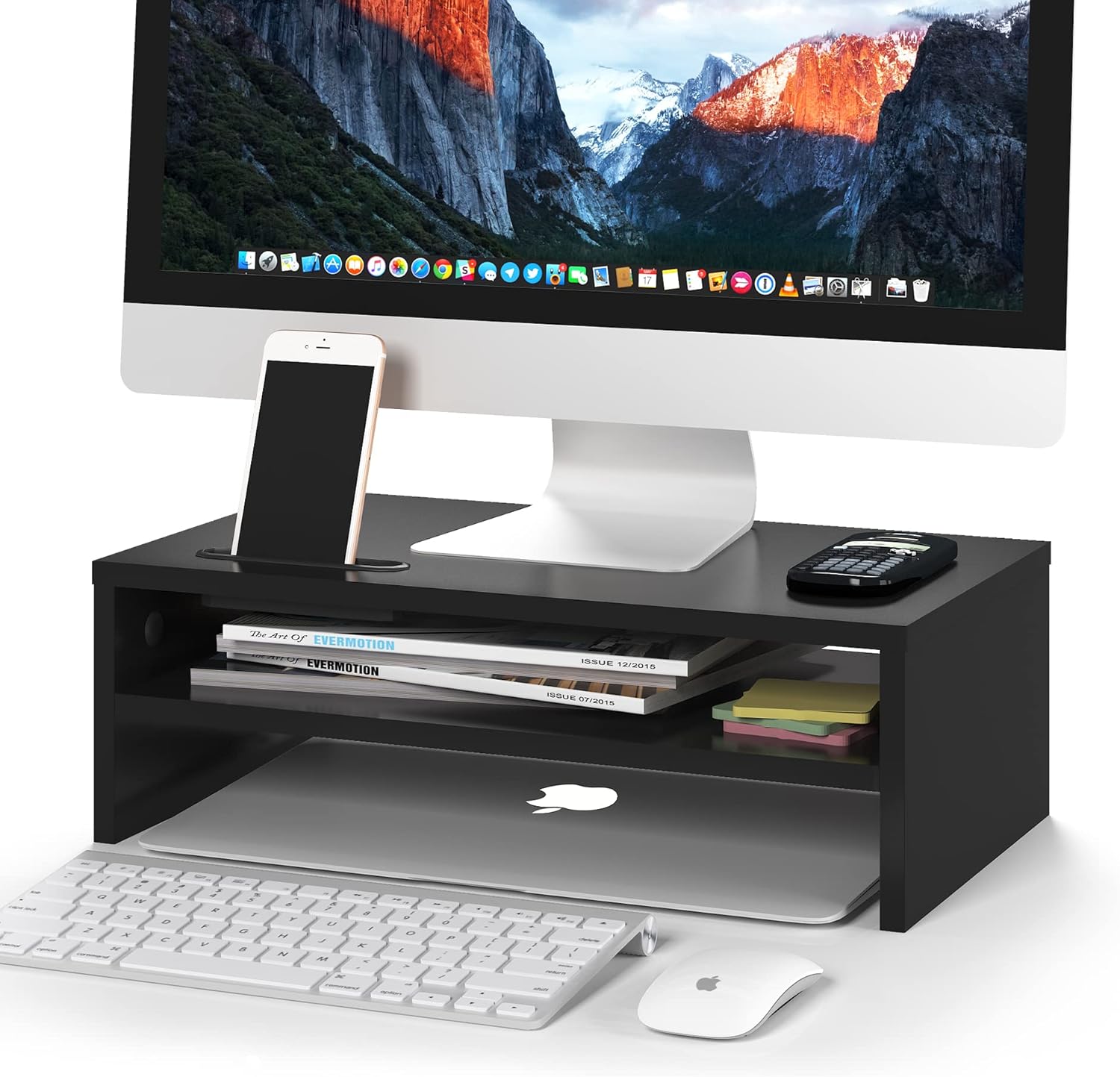BONTEC Monitor Stand Riser, Wooden Desk Riser for Screen and Laptop, 420mm Wide PC Platform with Cable Slots, Phone Holder, 30kg Load, Ergonomic Desktop Organiser for Home Office Use
