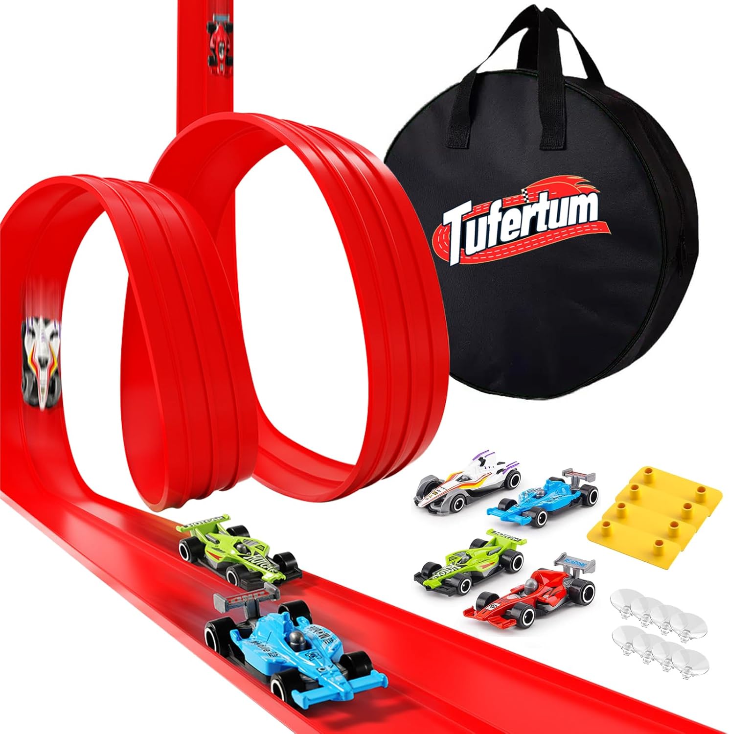 Flexible Toy Car Track for Racing, 6M Roll Up Race Track Includes 4 Diecast Toy Cars for Boys, Diecast Cars and Monster Trucks, Attach to Windows Doors for Bumps Jumps Tunnels Loops (6M)
