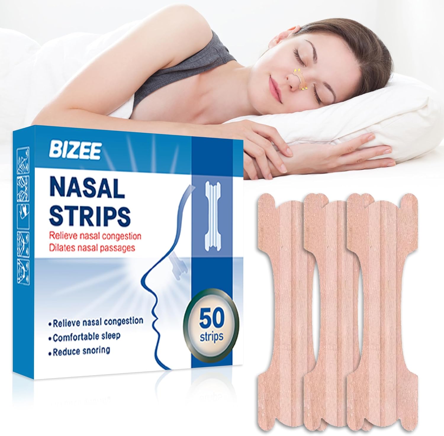 BIZEE Nasal Strips 50 Pcs Nose Strips for Snoring Relief, Anti-Snoring Devices for Men and Women, Drug-Free Nose Strips to Relieve Congestion from Colds or Allergies,Snore Strips for Sports and Sleep