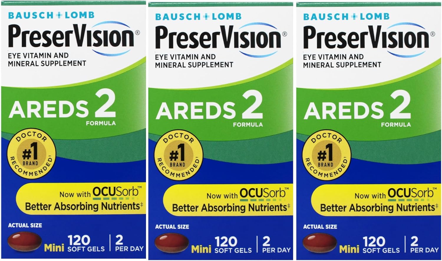 PreserVision AREDS 2 Eye Vitamin & Mineral Supplement with OCUSorb, with Lutein & Zeaxanthin 120 Soft Gels (MiniGels) (Pack of 3)
