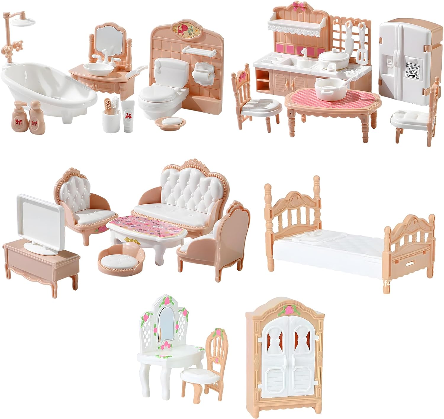 32 Pcs Doll House Furniture Set, Miniature 1:12 Scale Mini Dolls House Furniture, Wooden Dolls House Furniture with Kitchen, Dining Room, Living Room, Bedroom, Bathroom for Children Kids Playhouse Toy