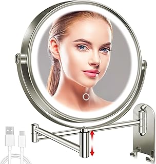 9" Wall Mounted Lighted Makeup Mirror, 3000mAh Rechargeable Double Sided 1X/10X Magnifying Mirror with Hook,3 Color Lights Dimmable 360° Rotation Vanity Mirror for Bathroom