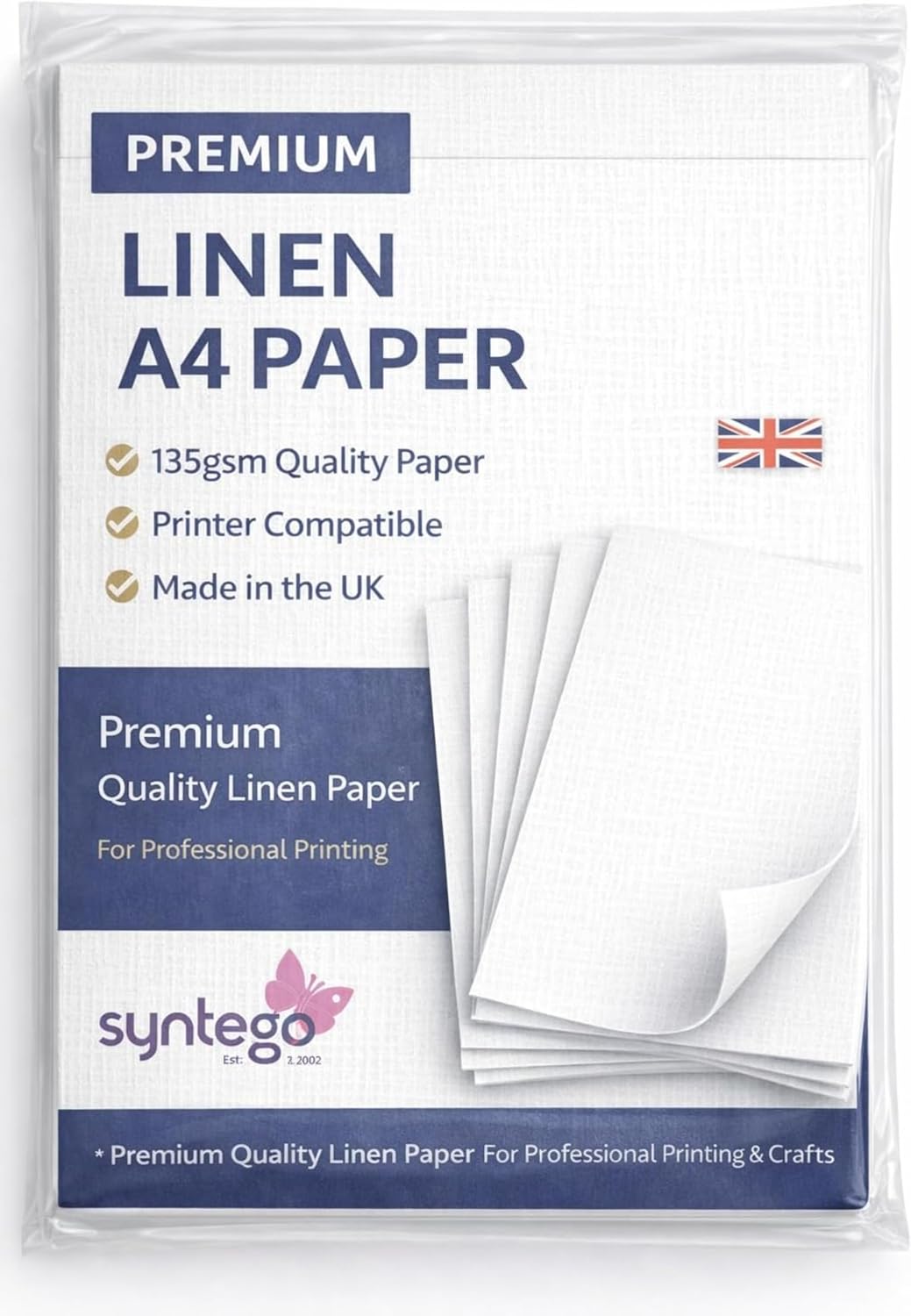 Syntego A4 Linen Paper 135gsm – Recycled Silkweave Textured Printer Paper for Schools, Certificates, Invitations, Crafts & Restaurant Menus (50, White)