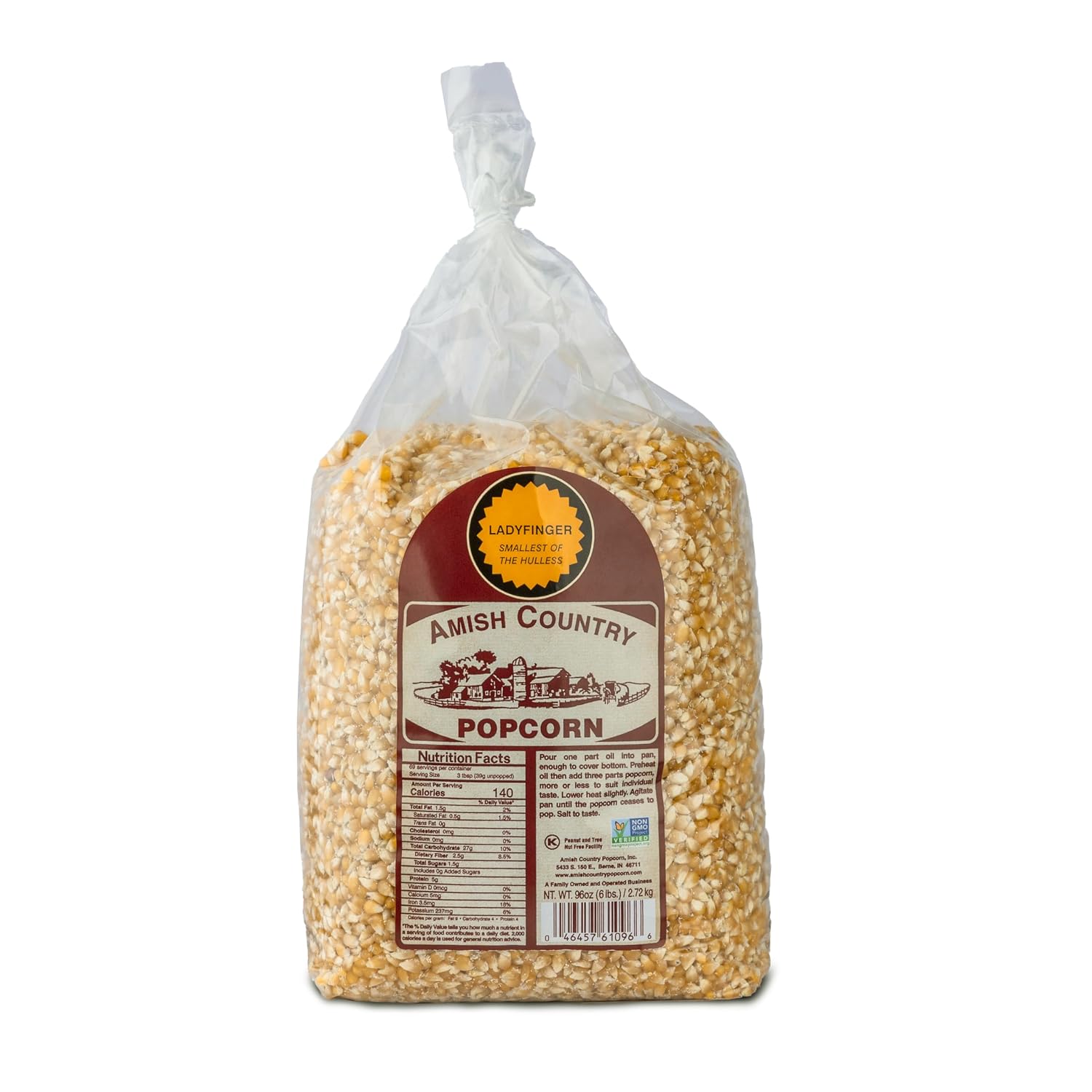 Amish Country Popcorn Ladyfinger Popcorn Kernels, 6LB Bag – Non-GMO, Gluten Free, Hulless, Old Fashioned Popcorn