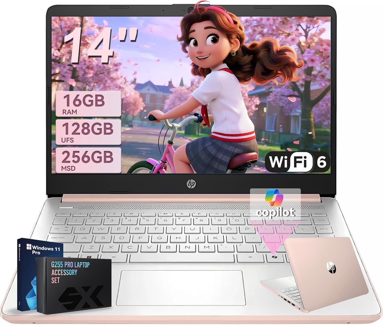 HP 14-inch Student Business Laptop – Intel N150 | Lightweight, AI Copilot Key for Study & Daily Use | 16GB RAM | 128GB UFS + 256GB MSD | w/Accessory Win 11 Pro| Pale Rose Gold