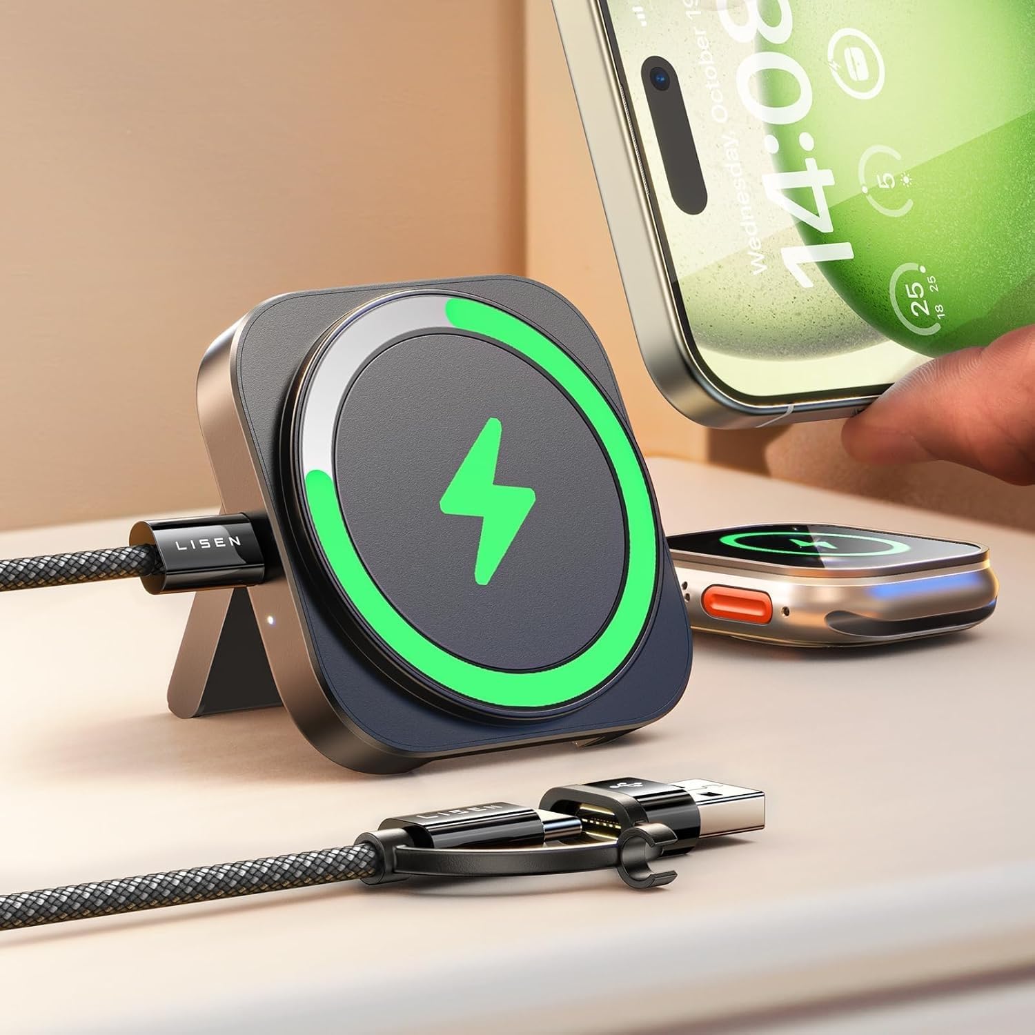 LISEN for Magsafe Charger Stand for Apple,Travel Charger for iPhone 16 15 Pro Charging Station Pad,Magnetic Wireless Charger for iPhone and Watch Airpods Travel Magsafe Accessories Fit Apple 16 15