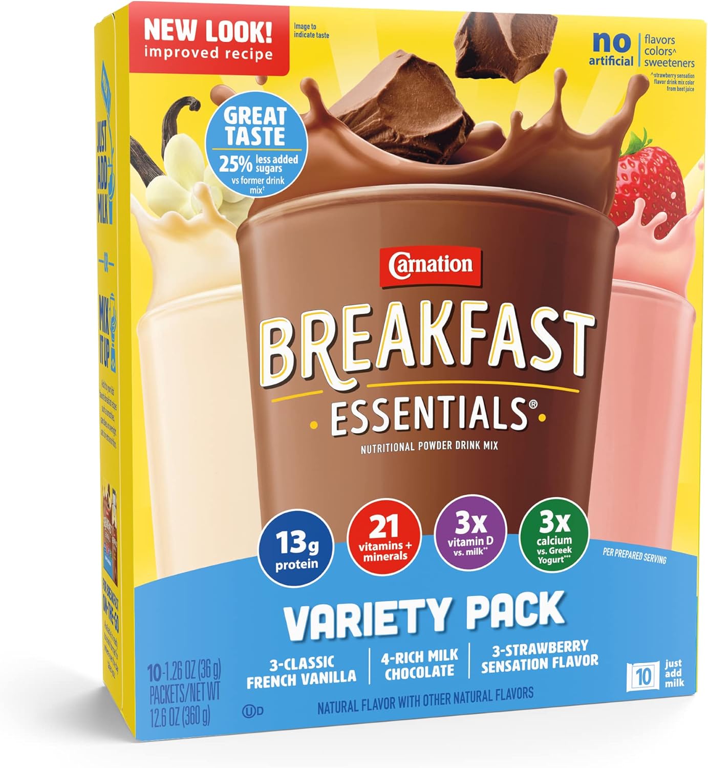 Carnation Breakfast Essentials Complete Nutritional Drink Rich Milk Chocolate / Classic French Vanilla / Strawberry Sensation Flavor 1.26 oz. 60 Ct