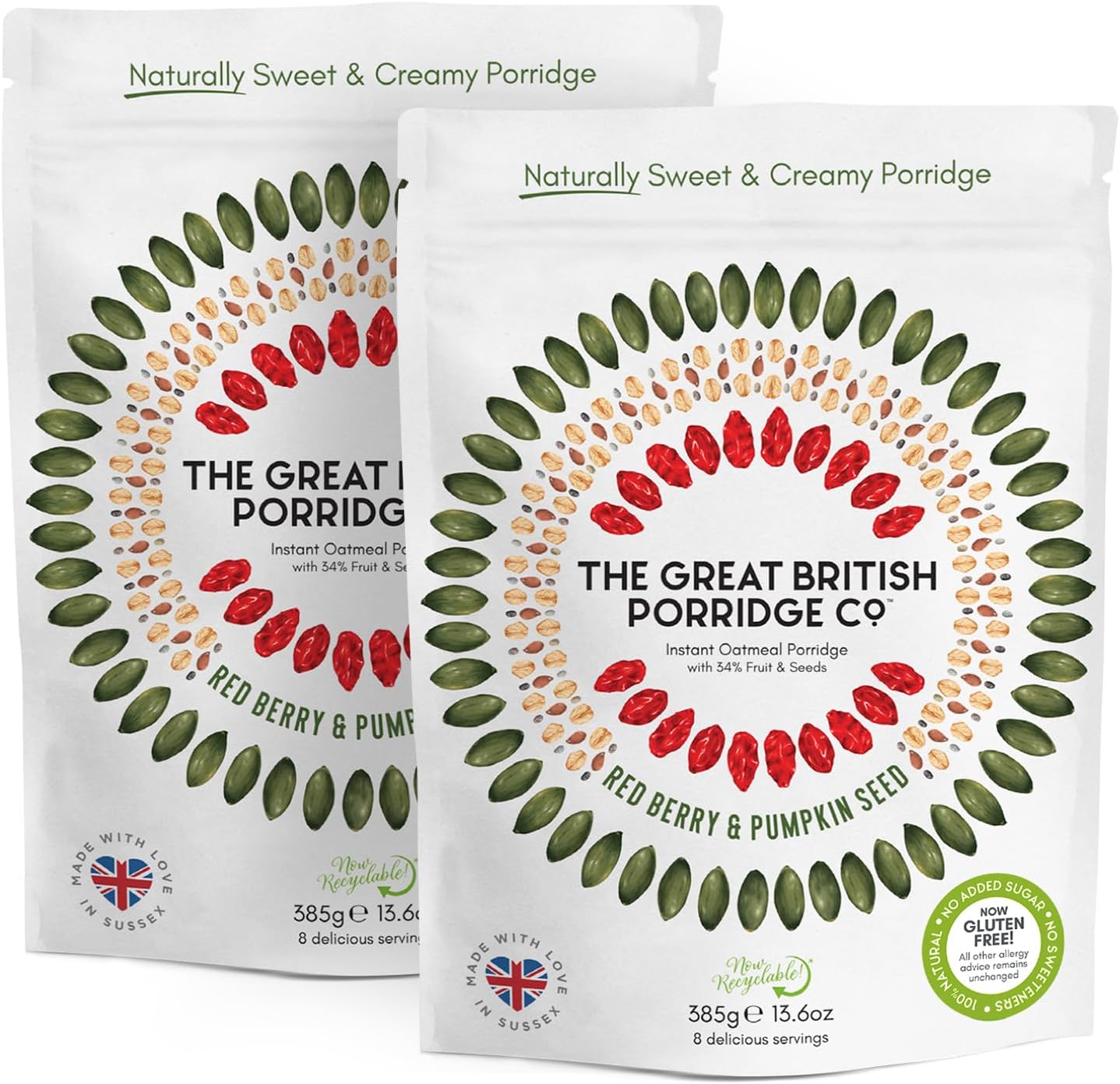 Red Berry & Pumpkin Seed Gluten-Free Instant Oatmeal Porridge from The Great British Porridge Co - Naturally Sweet & Creamy Porridge Oats - 2 x 385g Pouch - 100% Natural, Plant Based, High Fibre