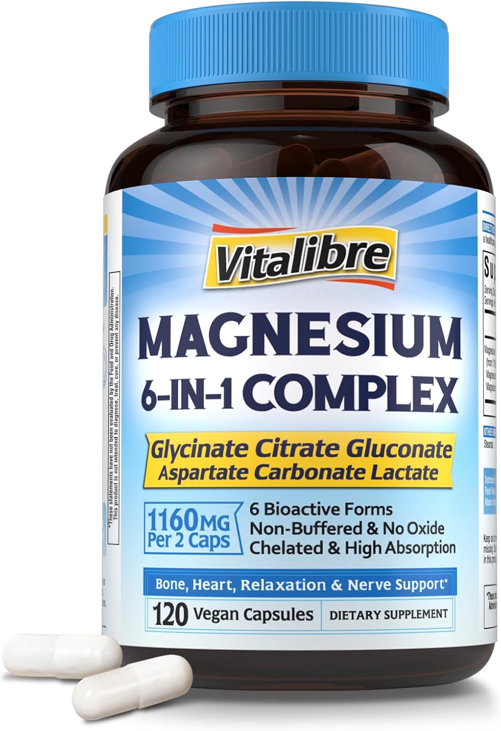 Magnesium Complex Supplement 6 in 1, 1160mg Chelated Magnesium for Max Absorption, Help with Better Sleep, Relaxation & Nerve Calm, 120 Vegan Capsules, Non GMO & Gluten Free