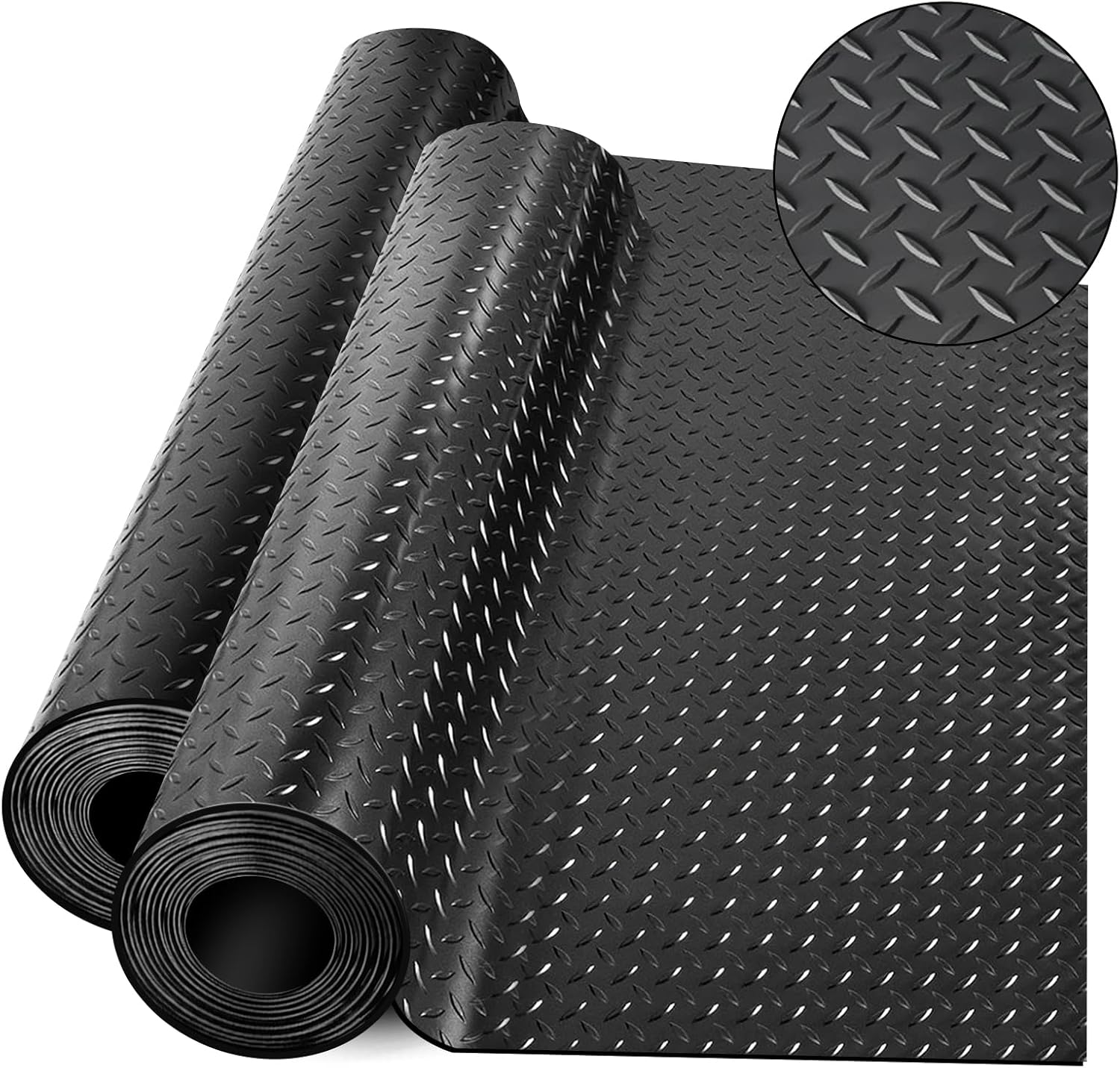 Diamond-Plate Rubber Flooring Rolls, 21FT *16IN Garage Floor Mat, 4 * 7Ft Cover Area PVC Garage Flooring Roll for Garage Floor, RV Trailer Flooring, Water/Stain Resistant Parking Mat Black(1Pcs)