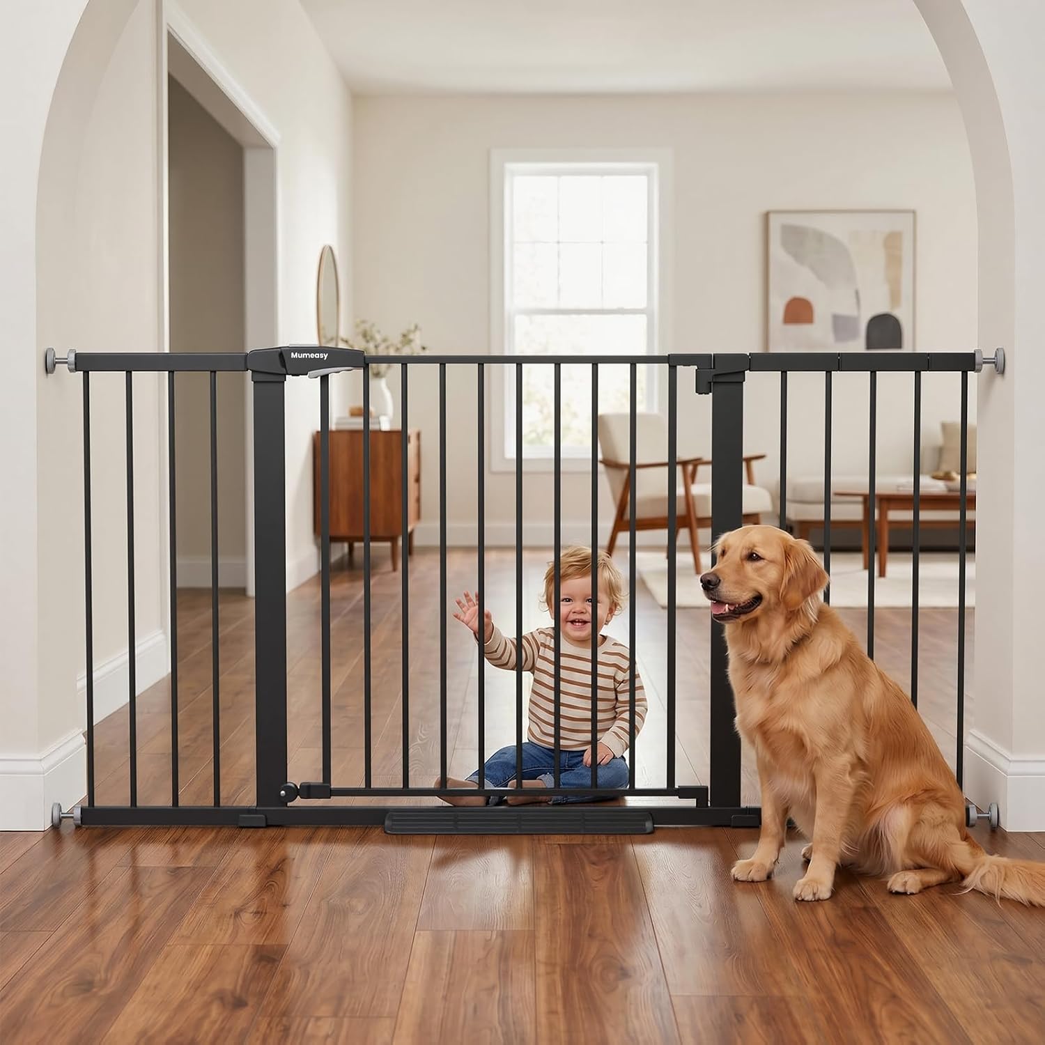 Mumeasy Extra Wide Baby Gate for Doorways, 36-63" Walk Thru Dog Gate with Auto Close Dual Swing for Stairs & Hallways, Easy Install Pressure Mounted Child Safety Gate for Toddlers & Pets Indoor, Black