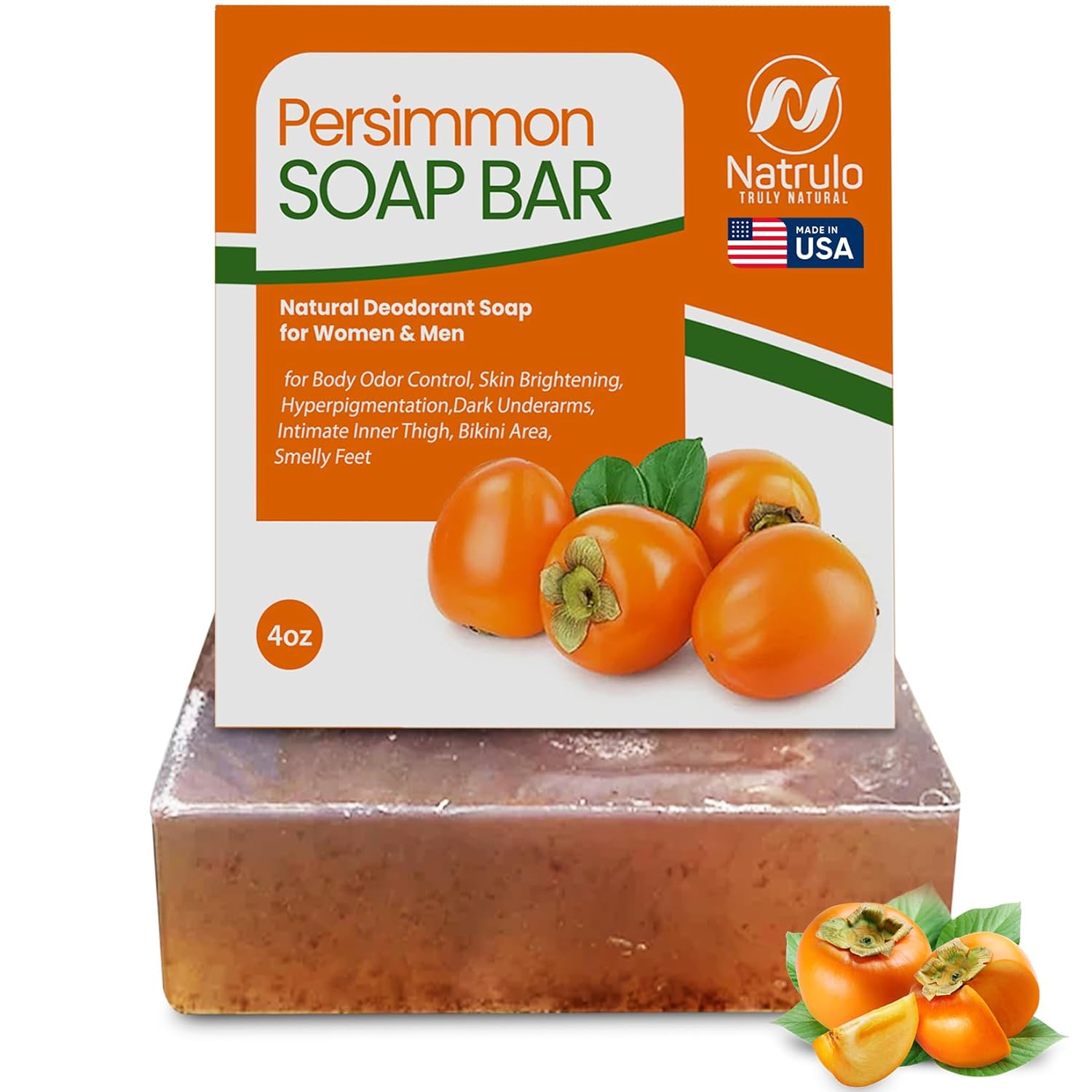 Natrulo Persimmon Soap Bar for Body Odor Control – Purifying Deodorizing Body Wash with Japanese Persimmon & Green Tea Extract for Eliminating Body Odor – Deodorant Soap for Skin Cleansing