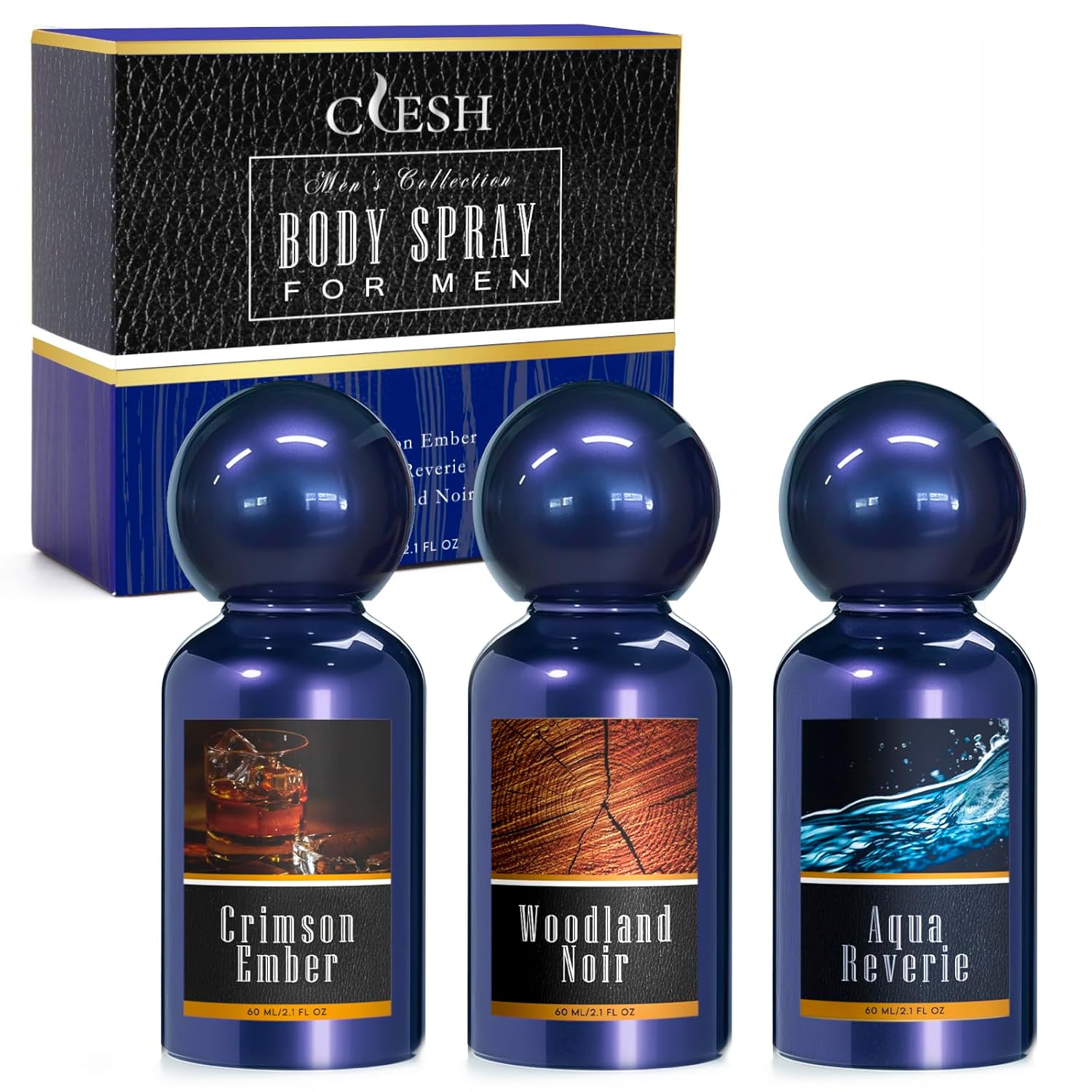 Body Spray for Men, Mens Fragrance Mist, Travel Size Set, 3 Pack, 60 ml / 2.1 fl oz, Crimson Ember, Aqua Reverie, Woodland Noir