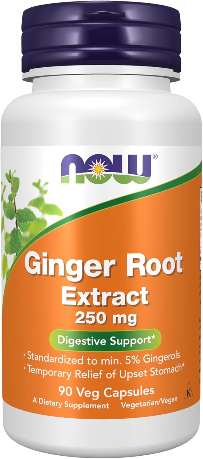 NOW Foods Supplements, Ginger Root Extract 250 mg, Temporary Relief of Upset Stomach*, Digestive Support*, 90 Veg Capsules