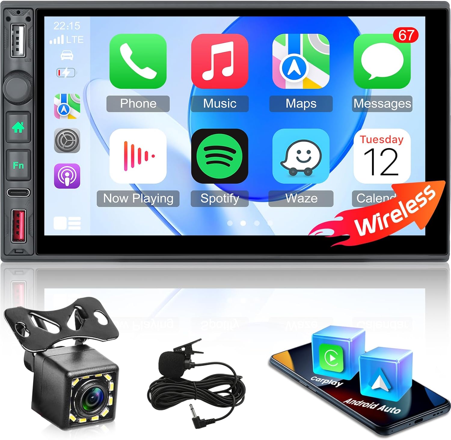 NHOPEEW Double Din Car Stereo with Wireless Carplay and Android Auto - 7 Inch Touchscreen Car Radio - EQ Audio/Mirror Link/Bluetooth/FM/AM/RDS Radio/SWC/Seven Color Backlight + Backup Camera