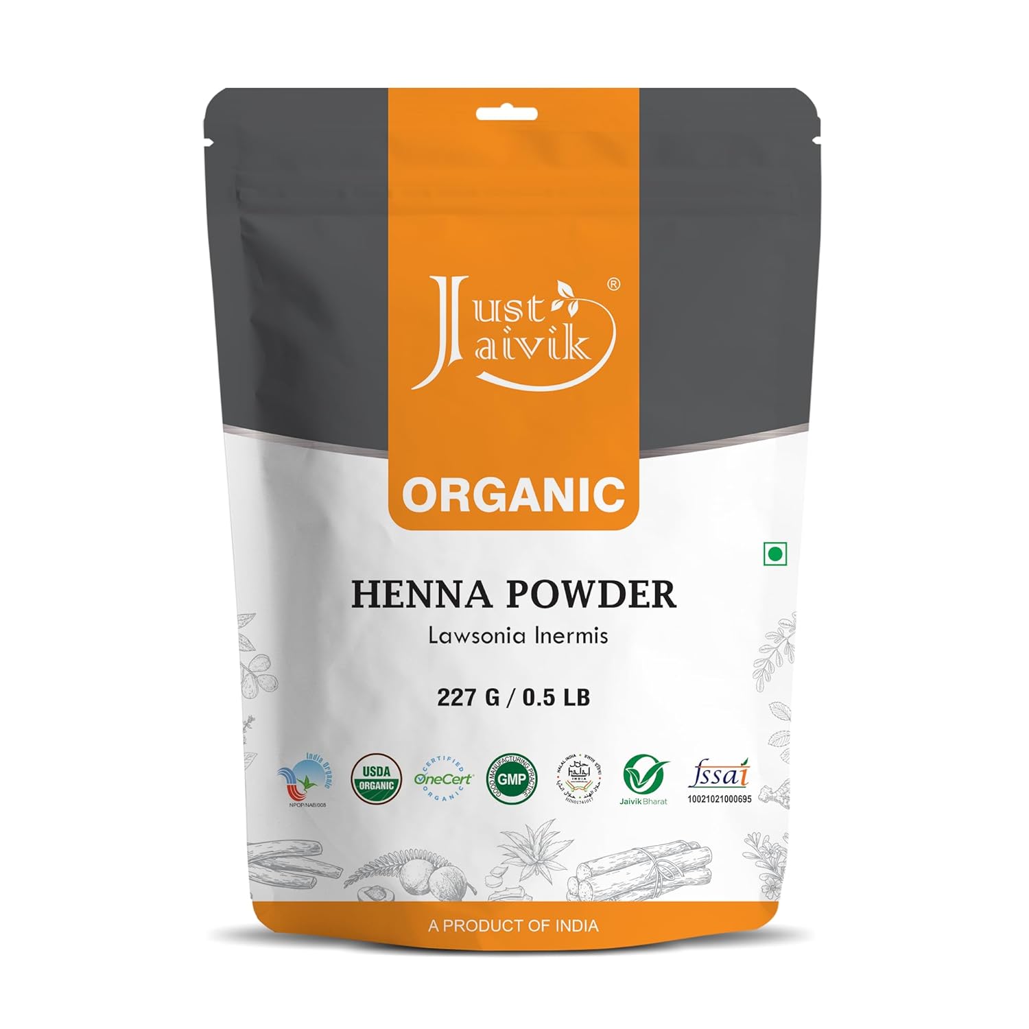 Just Jaivik Henna Powder (Lawsonia Inermis) for Hair - 100% Natural, USDA Certified Organic by OneCert Asia, No Chemicals or Additives, 227 Gms / 0.5 LB/ 8 Oz