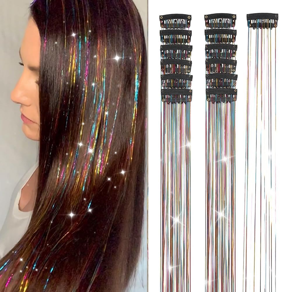Hair Tinsel 12Pcs Clip in Rainbow Hair Accessories 20.5 Inch Fairy Hair Tinsel Kit for Women Girls Kids Glitter Extensions for Christmas Halloween New Year Party (Rainbow)