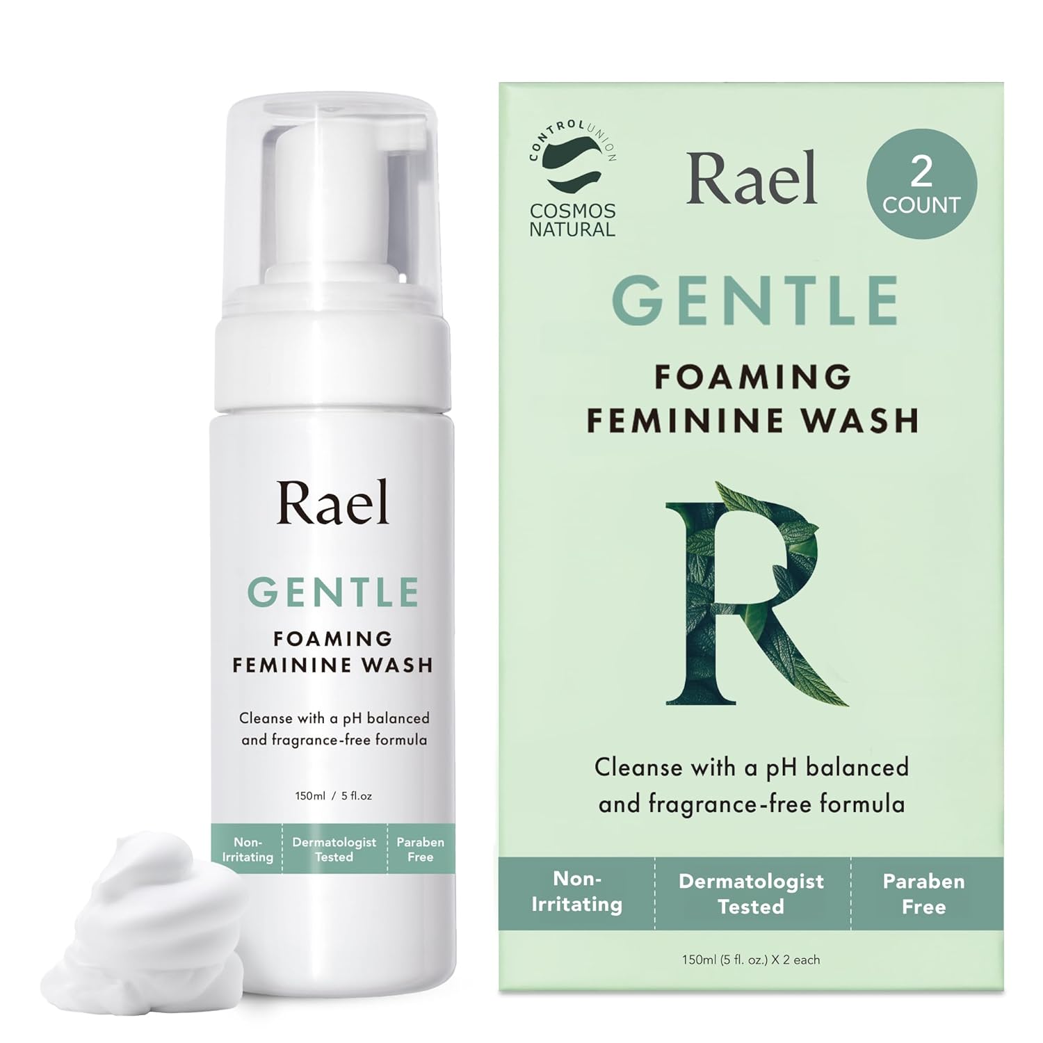 Rael Feminine Wash, Foaming Cleansing Wash - pH Balance Intimate Wash Women, Unscented, Sensitive Skin, All Skin Types, Vegan, Cruelty Free (5oz, 2 Pack)