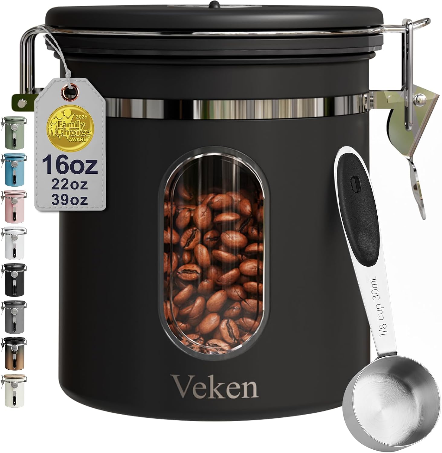 Veken Coffee Canister with Window, Airtight Stainless Steel Container, 16OZ | Kitchen Food Storage Pantry Organizers for Beans,Ground,Espresso,Rice,Tea,Sugar,Bar Accessories,Gifts,Lids,Jars, Scoop, Black