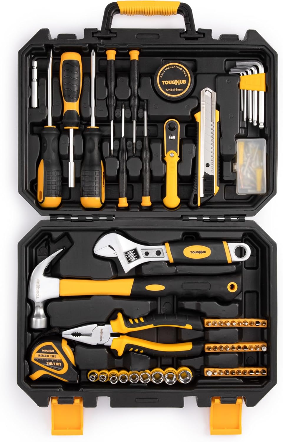 ToughHub 100 Pcs Tool Kit – DIY Hand Tool Set for Home Repairs & Maintenance - Tool Box with Tools Included Plier, Hammer, Adjustable Wrench, and Hex Key Set (2.96, Kilograms) (Yellow, 100)