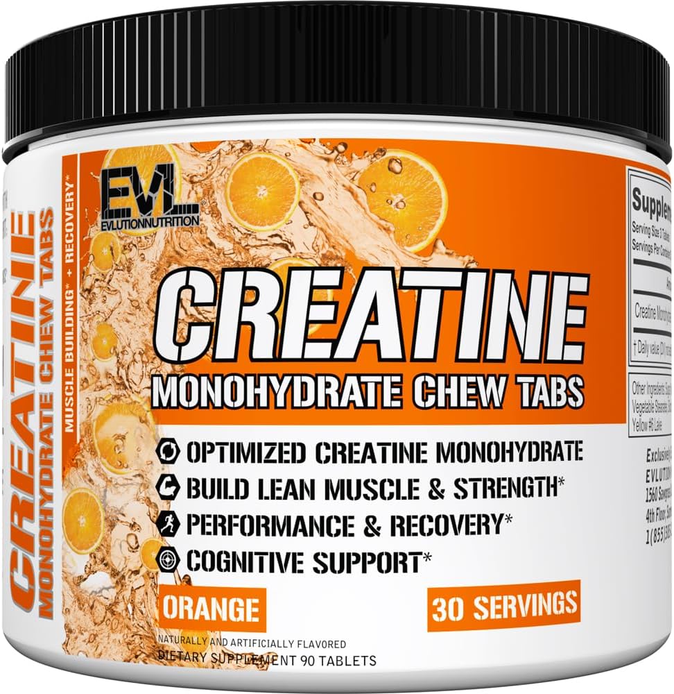 Evlution Nutrition Creatine Monohydrate Chew Tabs - Muscle Growth, Strength, Performance, Recovery & Cognitive Support - 3000mg Creatine Monohydrate Per Serving - 30 Servings - 90 Tablets - Orange