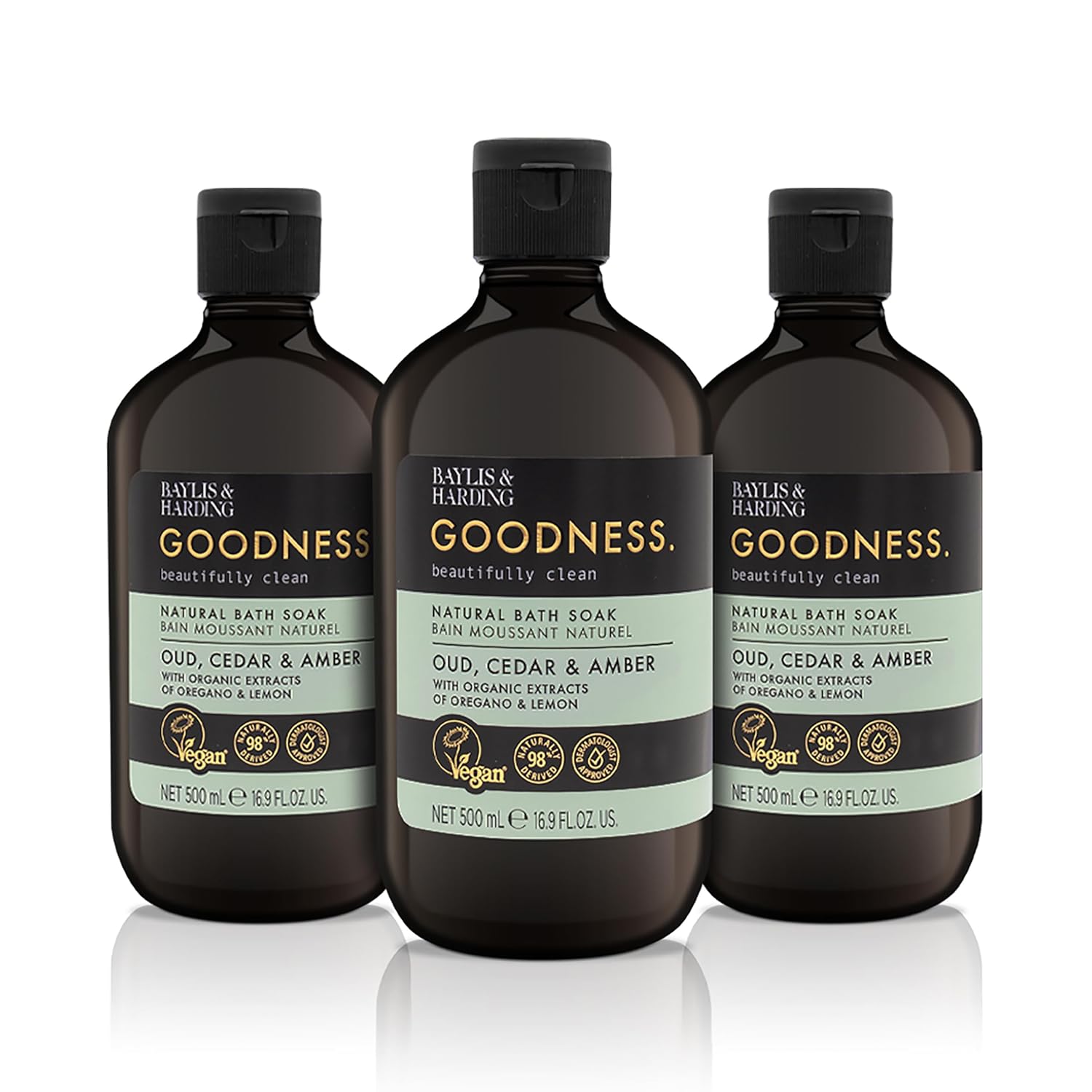 Baylis & Harding Goodness Oud, Cedar & Amber Natural Bubble Bath 16.9 fl. oz (Pack of 3) - Biodegradable Formula - Vegan Friendly