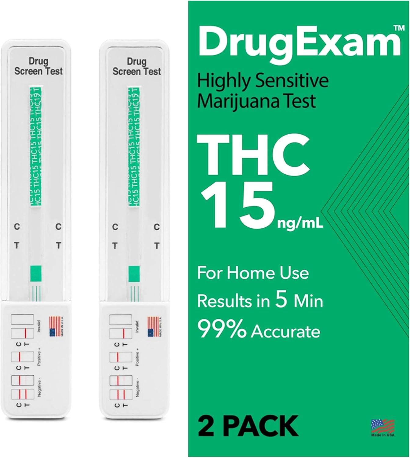 2 Pack - DrugExam Made in USA Most Sensitive Marijuana THC 15 ng/mL Single Panel Drug Test Kit - Marijuana Drug Test with 15 ng/mL Cutoff Level for Detecting Any Form of THC (2)