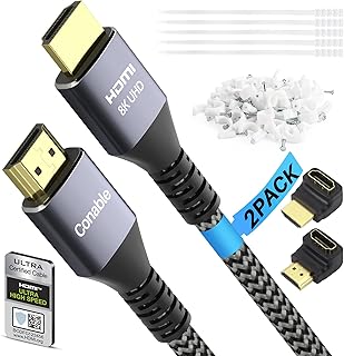Certified HDMI® Cable, Real 8K Cable (2 Pack, 6.5FT+ 6.5FT), 48Gbps, Ultra HD Braided Cord, Supports 8K@60Hz 4K@120Hz, eARC, HDR, HDCP 2.2 2.3, for Laptop, Monitor, Switch, PS5/PS4, Xbox, UHD TV