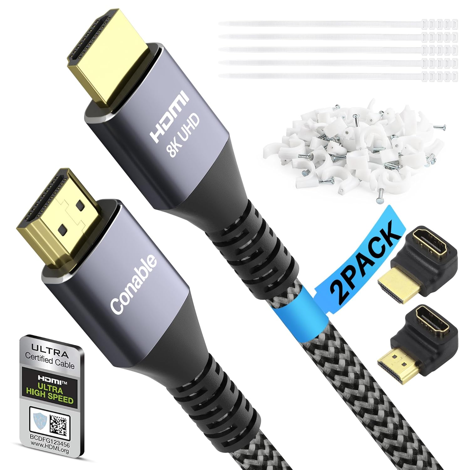 Certified HDMI® Cable, Real 8K Cable (2 Pack, 6.5FT+ 6.5FT), 48Gbps, Ultra HD Braided Cord, Supports 8K@60Hz 4K@120Hz, eARC, HDR, HDCP 2.2 2.3, for Laptop, Monitor, Switch, PS5/PS4, Xbox, UHD TV