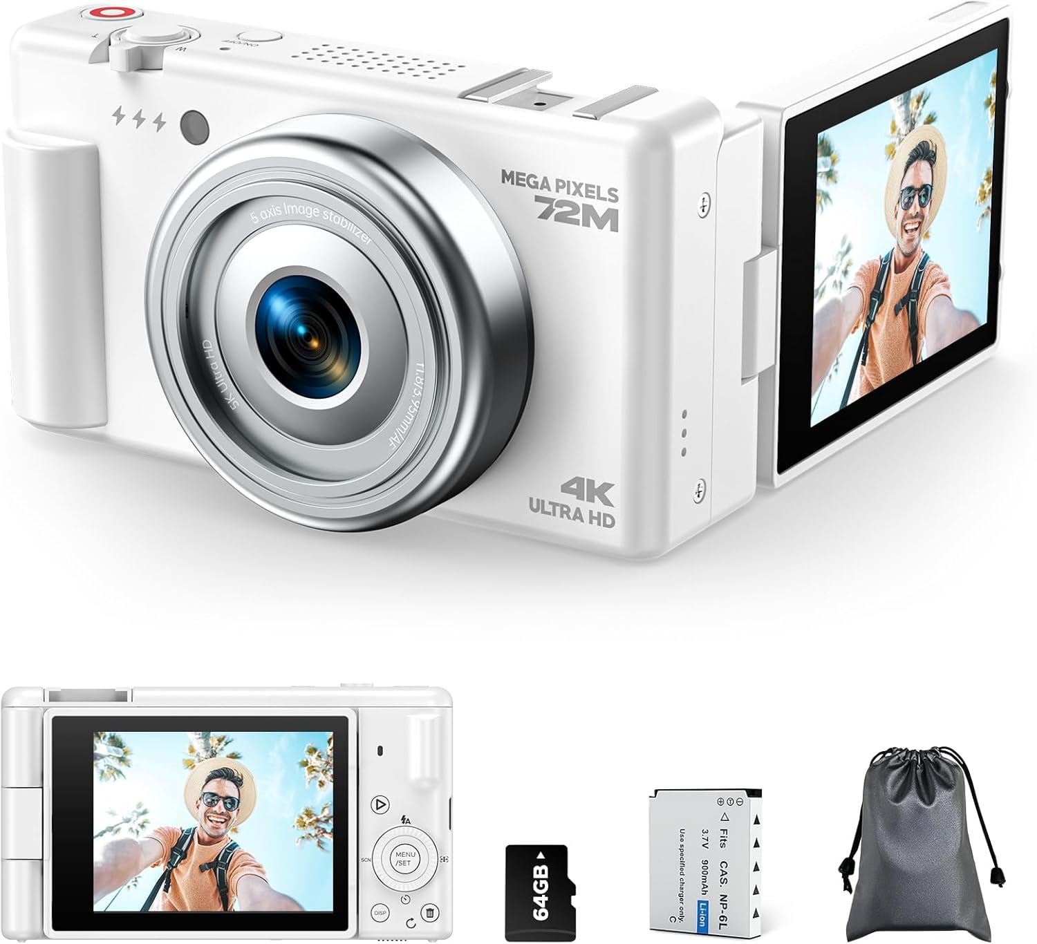 4K 72MP Autofocus Digital Camera for Vlogging YouTube & Photography, 18X Zoom Compact Camera with 64GB TF Card, 2.8" 270° Flip Screen, Webcam, Battery, for Teens Adults Beginners