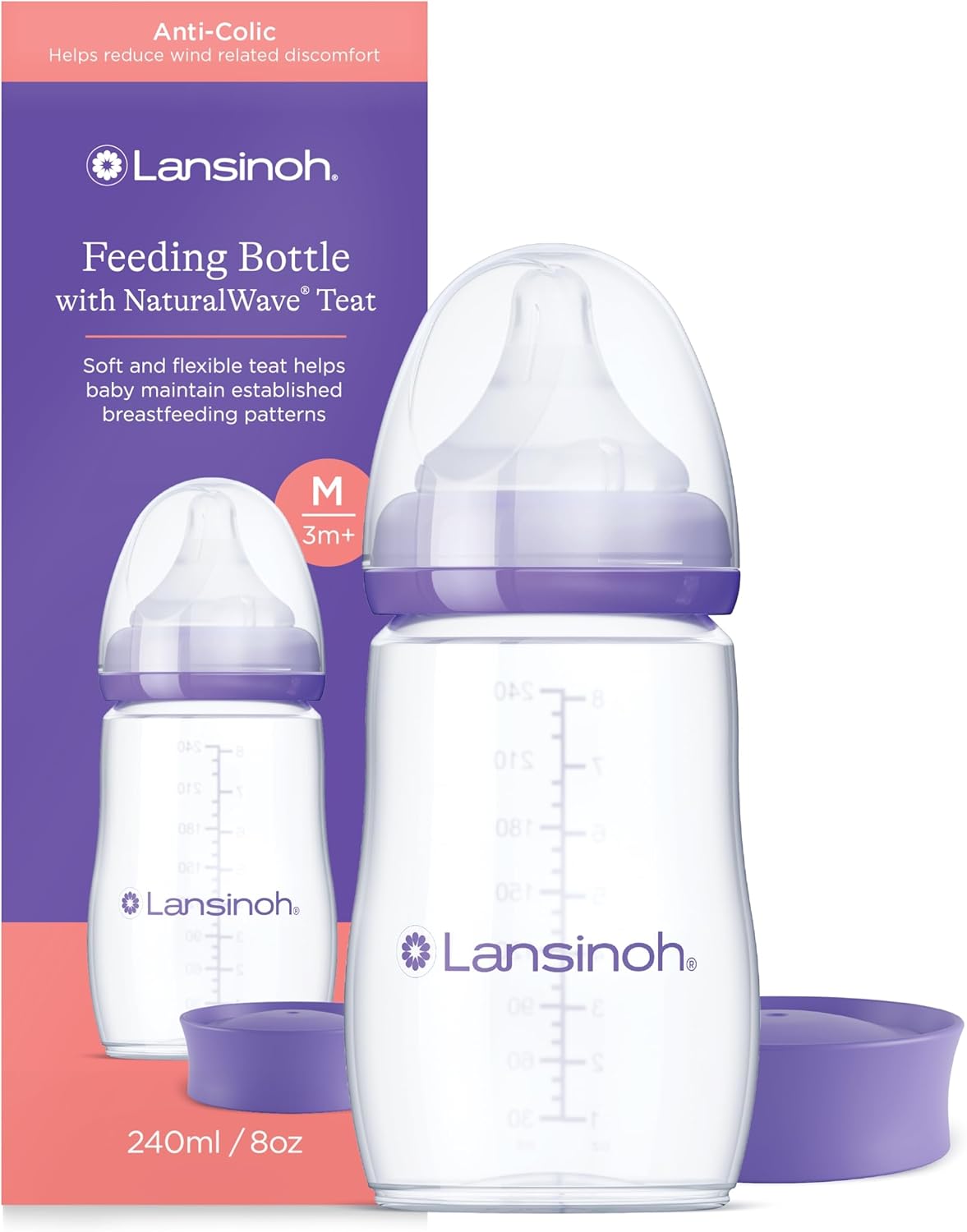 Lansinoh Anti Colic Baby Bottle - 240ml - NaturalWave® Medium Flow Teats Reduces Nipple Confusion + New Stackable Lid Breast Milk Storage Bottles Breastfeeding Bottle Feeding - Baby Bottles