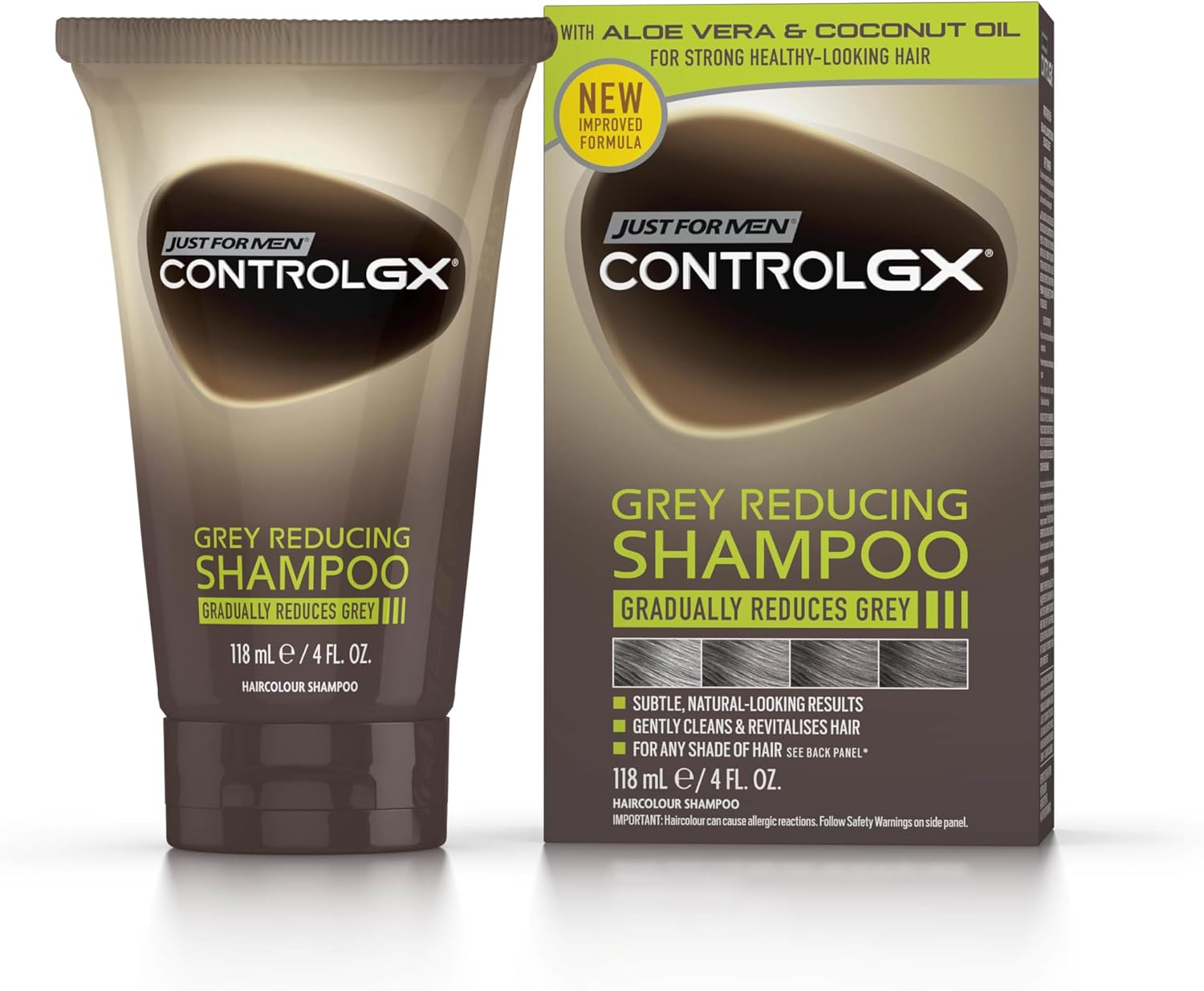 Just For Men Control GX Grey Reducing Shampoo For Grey Hair, With Coconut Oil & Aloe Vera, New Improved Formula - All Shades, 118ml, packaging may vary