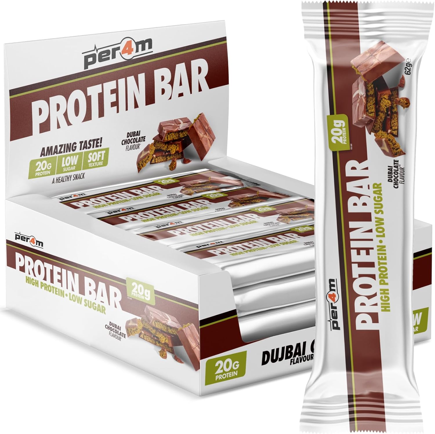 Per4m On-the-Go Protein Bar | High Protein, Low Sugar Bar with 20g Protein | Nutritional & Healthy Gym Snack Bar | Box of 12 x 62g (Box, Dubai Chocolate)