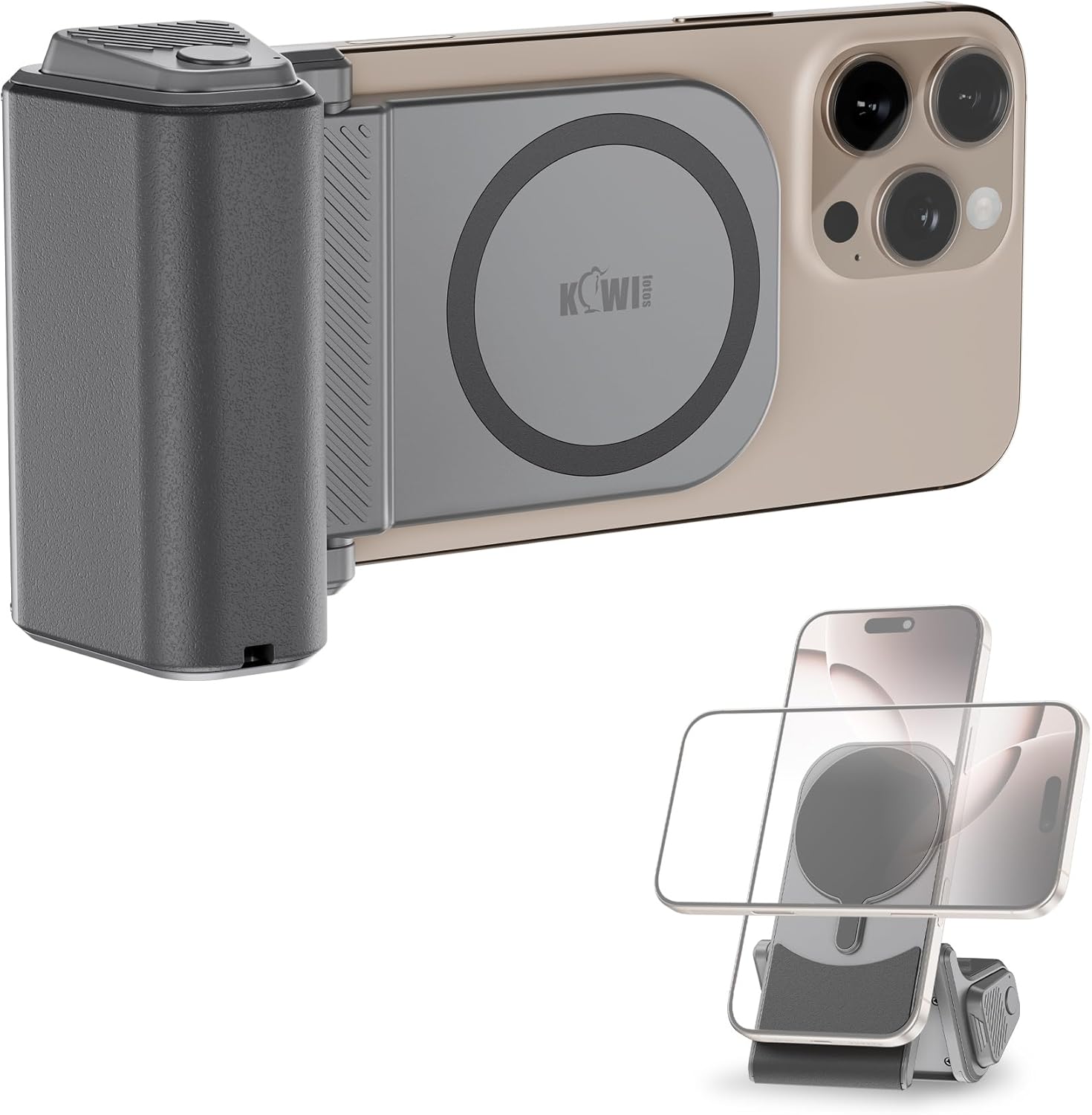 JJC Pro Version Magnetic Handgirp with Bluetooth Remote, Snap Grip Handle for iPhone 16/15/14/13/12 more & Android Phone, Verstile Desk Phone Stand -Gray